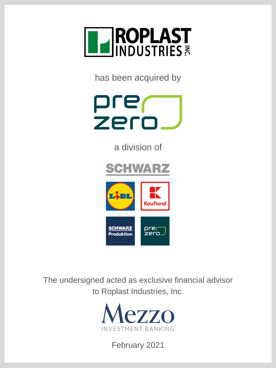 Roplast Industries, Inc. has been acquired by PreZero US, a division of Schwartz; Mezzo served as advisor to Roplast Industries, Inc.