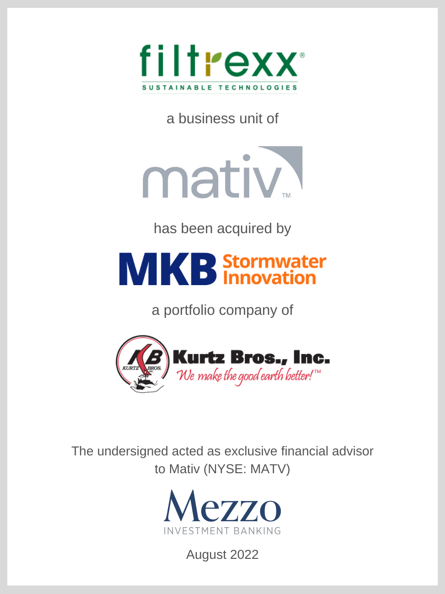 Filtrexx, a business unit of Mativ, has been acquired by MKB Company, a portfolio company of Kurtz Bros., Inc.; Mezzo served as advisor to Mativ (NYSE: MATV)