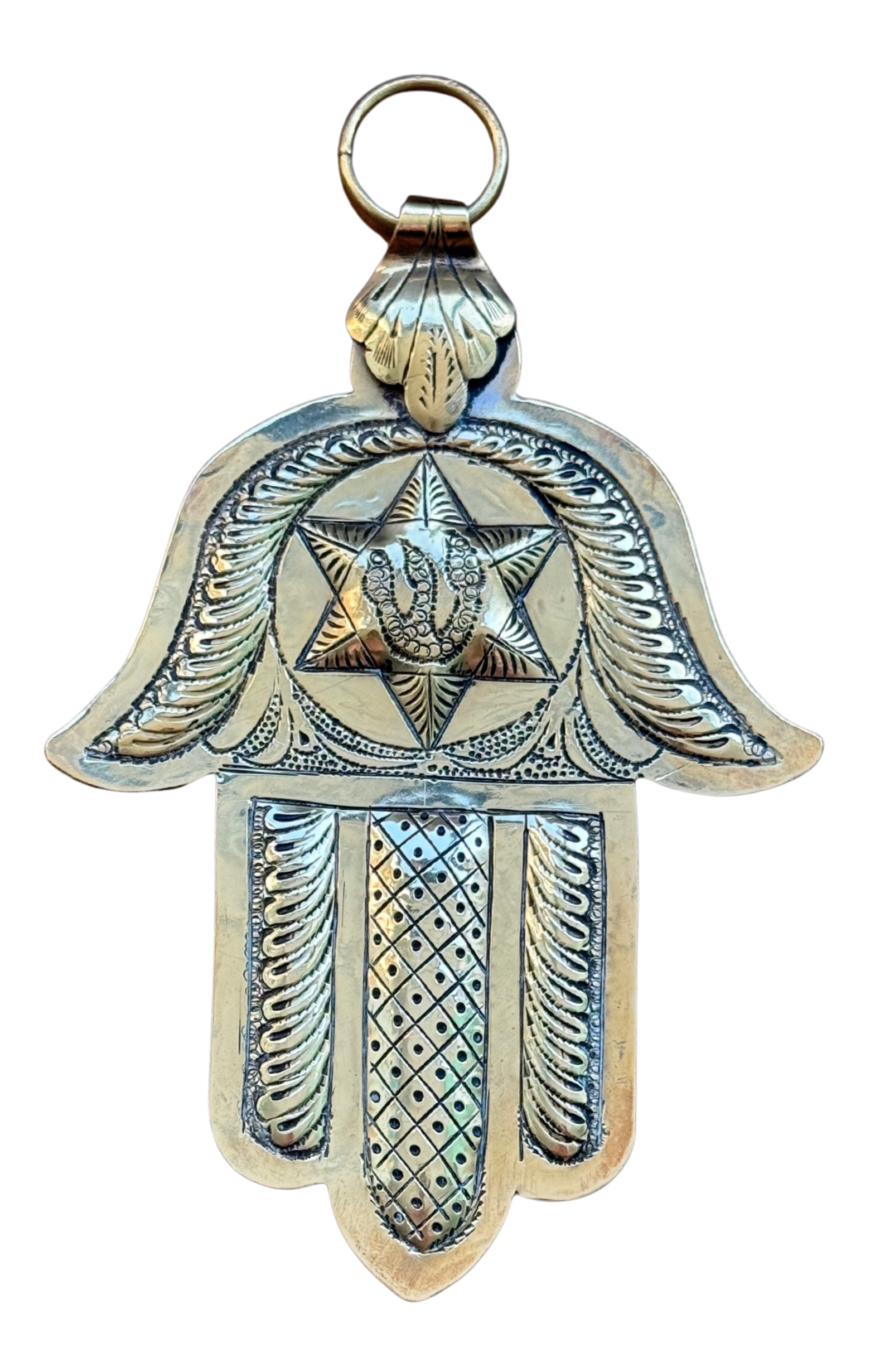 Hamsa Amulet with Shin and Hexagram
