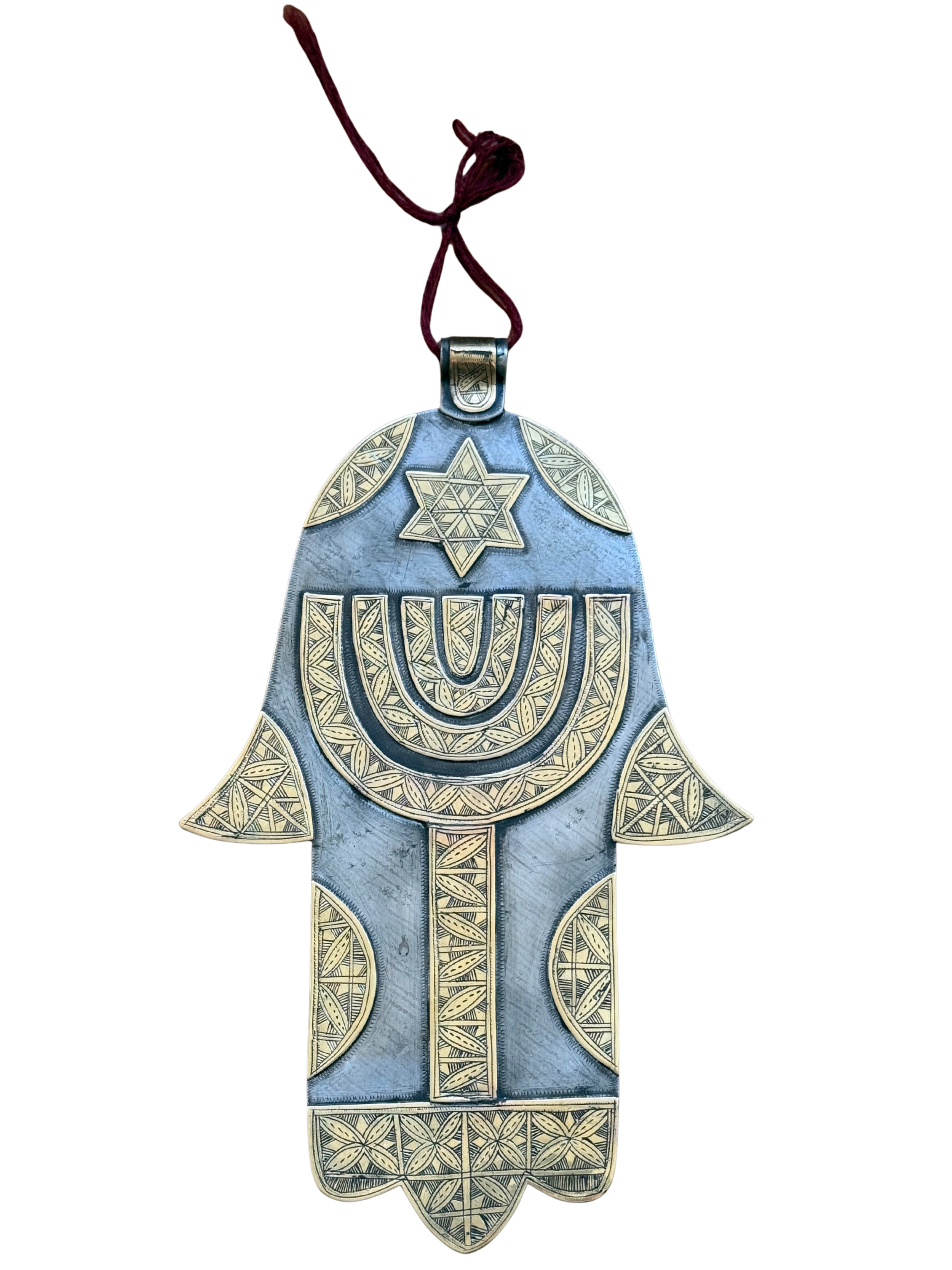 Hamsa Amulet with Menorah Form and Hexagram