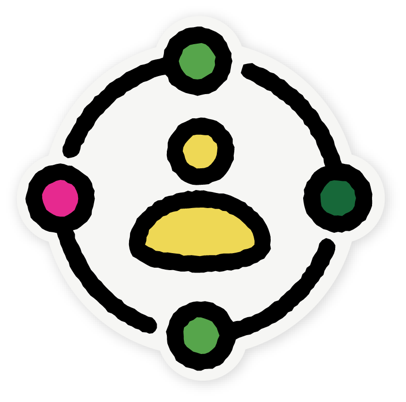 Image of yellow graphic body outline surrounded by 4 colorful dots.