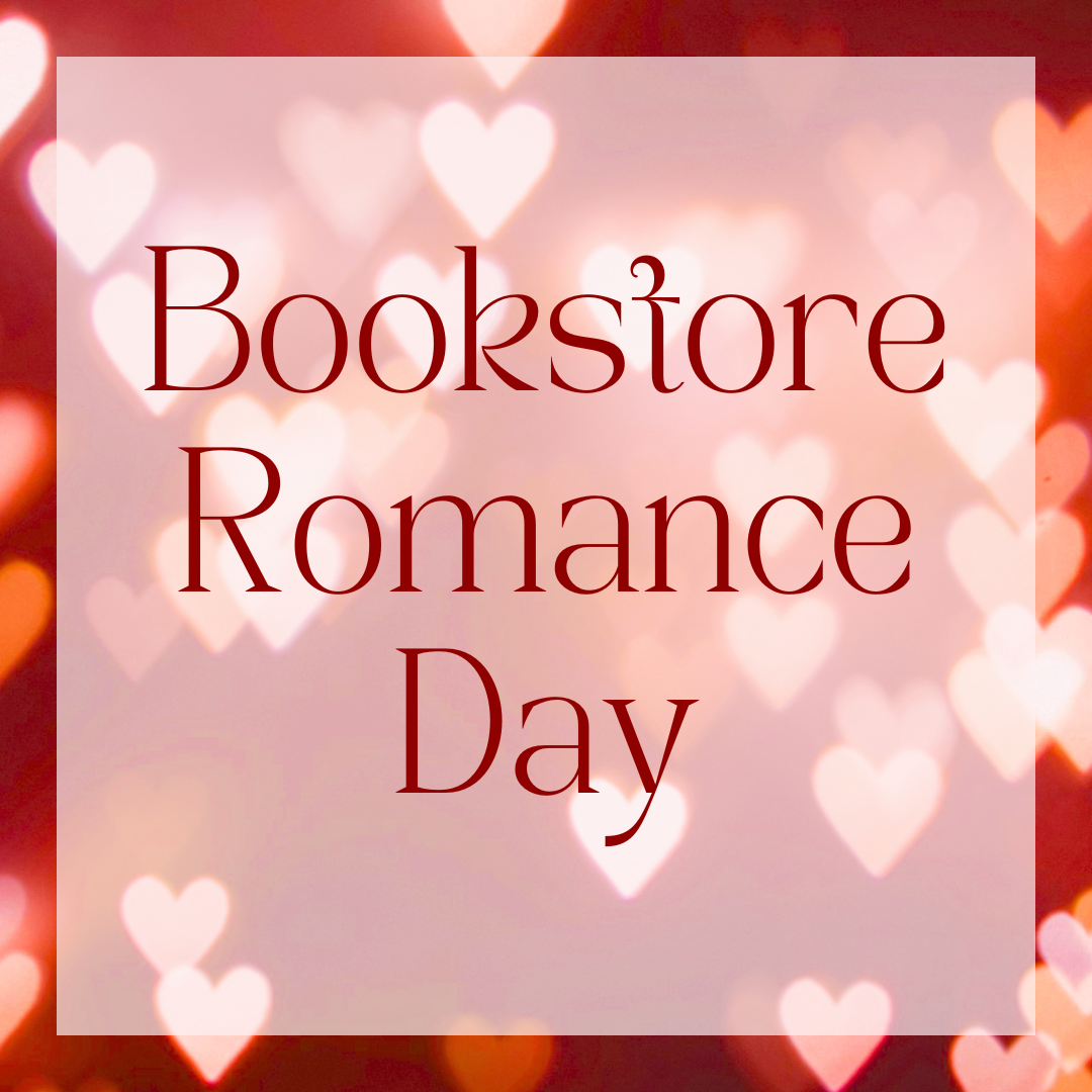 The text "Bookstore Romance Day" on a background of pink and red hearts.