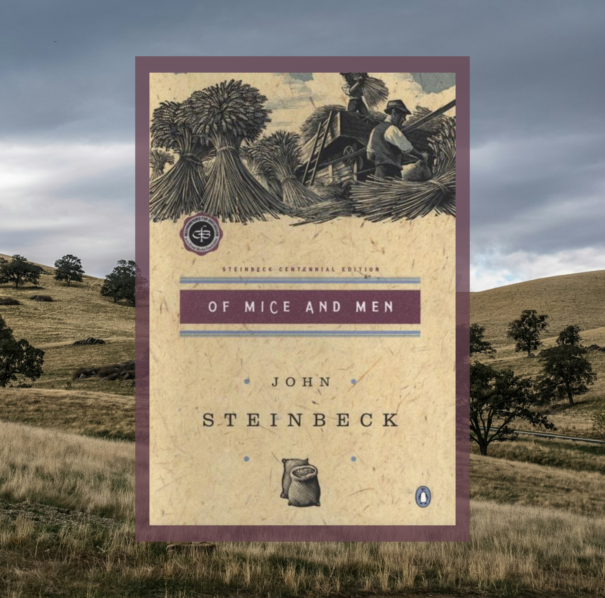 The cover of Of Mice and Men by John Steinbeck on a background of a photo of a yellow field and stormy sky.