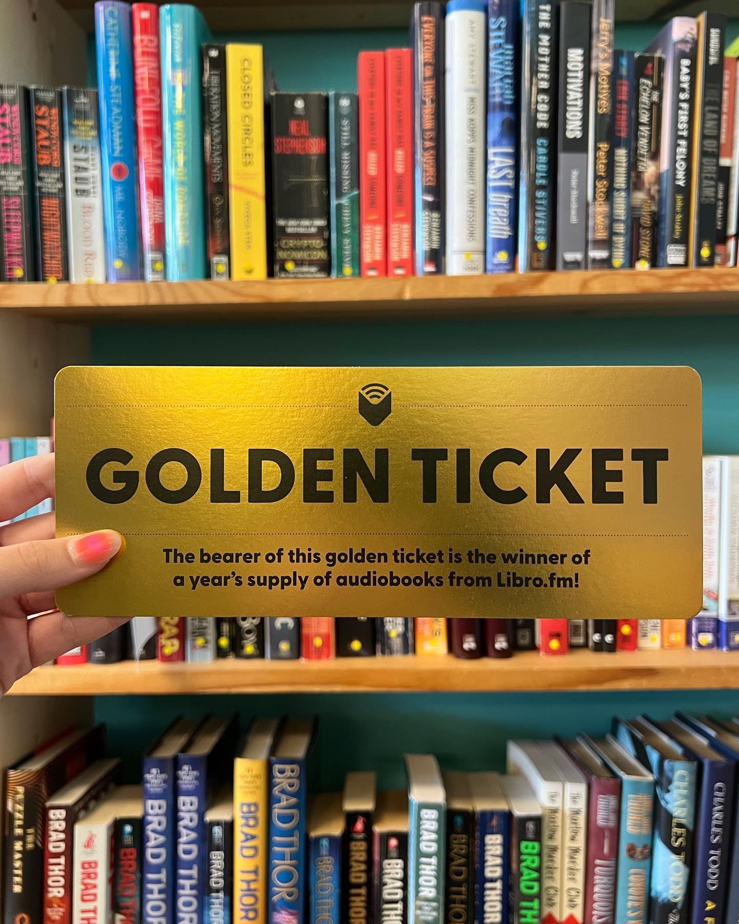 Join us for Independent Bookstore Day on Saturday April 27th and look for the Golden Ticket! If you find it in our store you will win 12 free audiobook credits! #independentbookstoreday #librofm