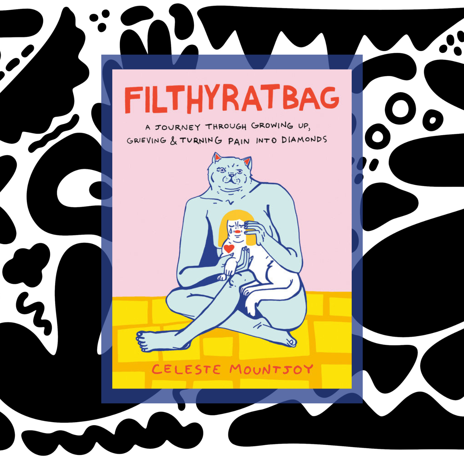 The cover of Filthyratbag by Celeste Mountjoy on a background of black and white geometric shapes.