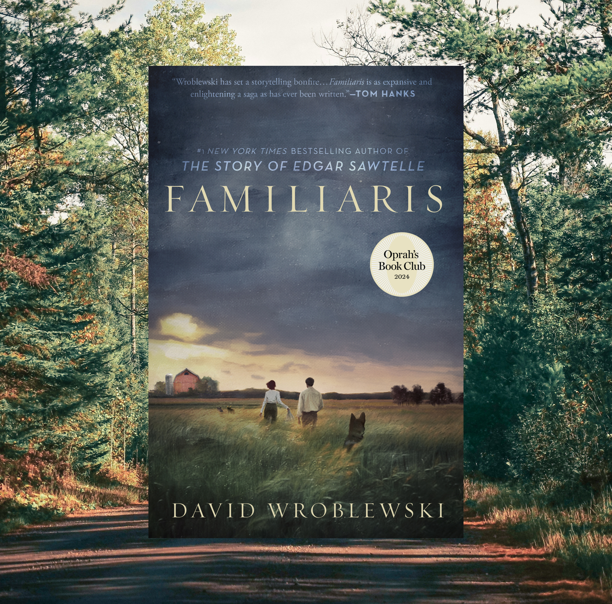 The cover of Familiaris by David Wroblewski on a background of a photo of a forest.