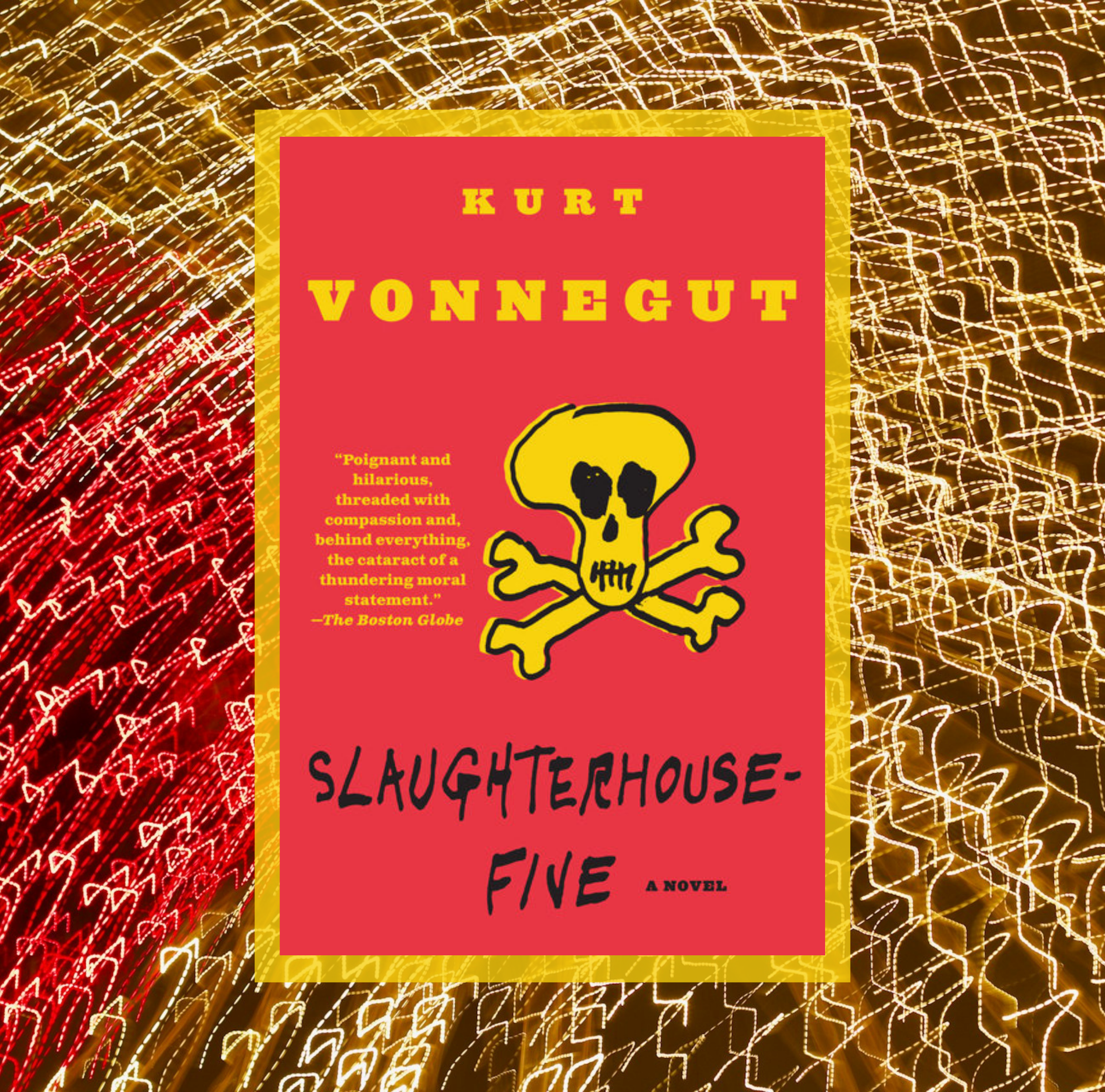The cover of Slaughterhouse-Five By Kurt Vonnegut on a background of abstract geometric red and yellow lines.