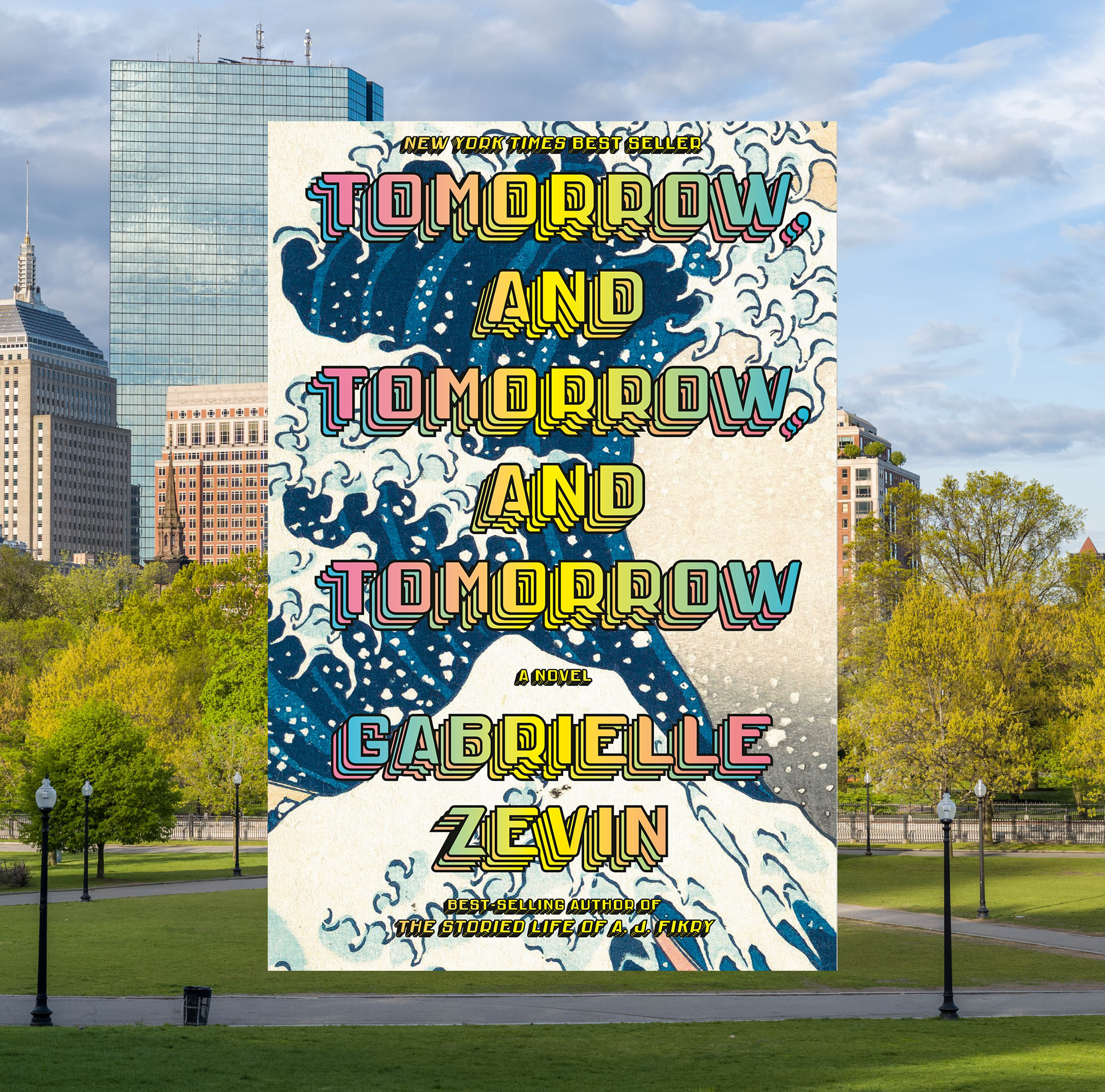 The cover of Tomorrow, and Tomorrow, and Tomorrow by Gabrielle Zevin on a background of a photo of a city park.