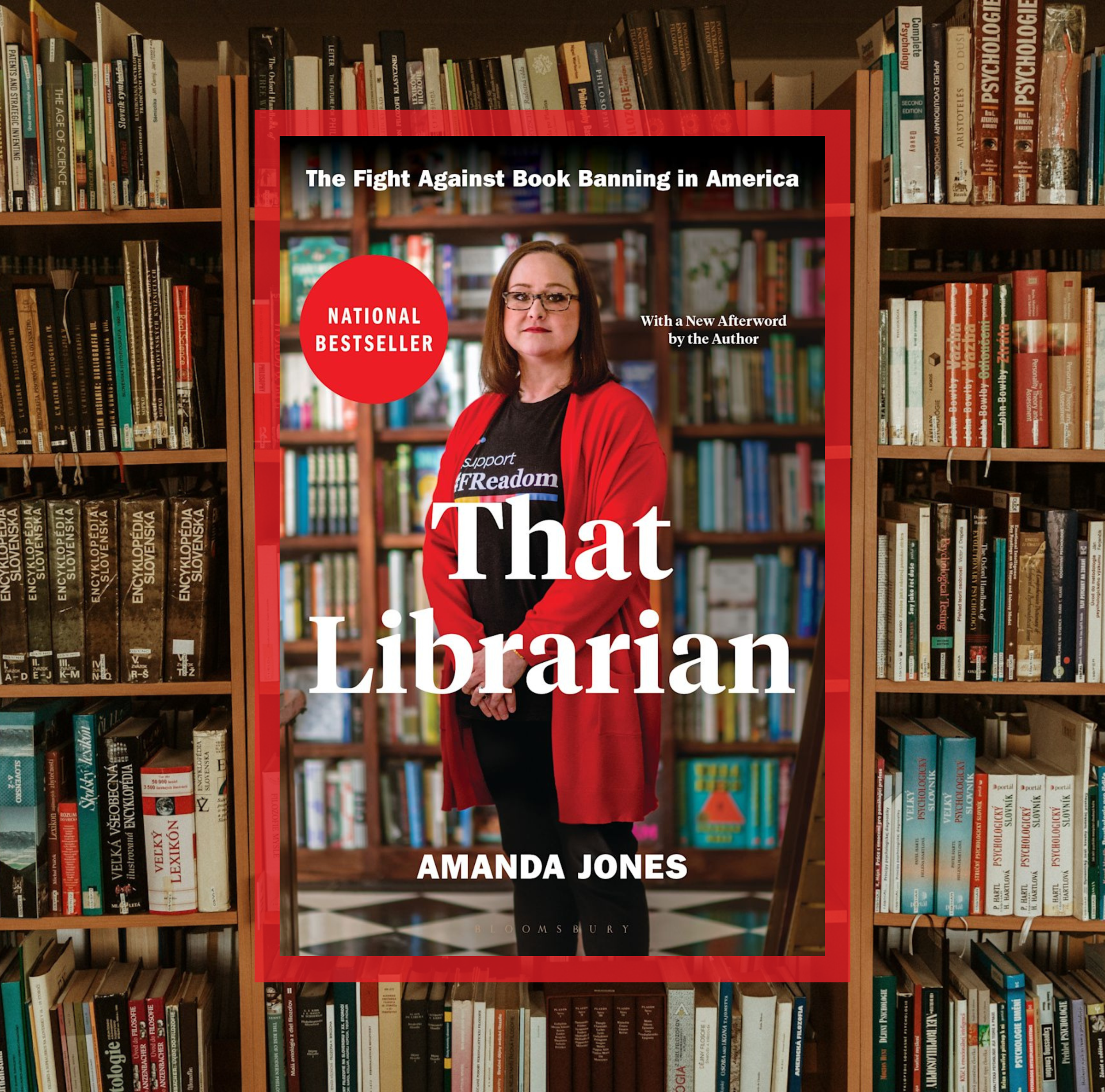 The cover of That Librarian by Amanda Jones on a background of a photo of library bookshelves.