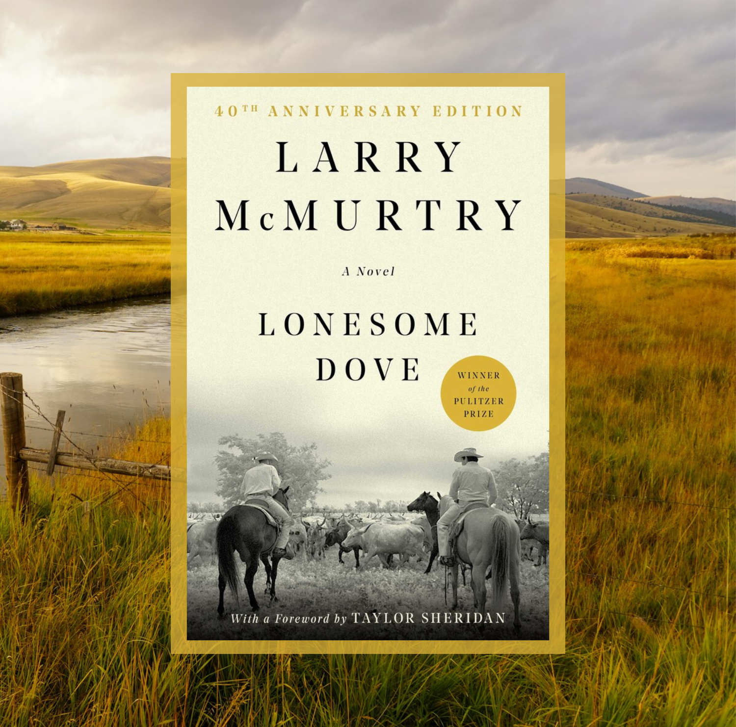 The cover of Lonesome Dove by Larry McMurtry on a background of a photo of Montana landscape.