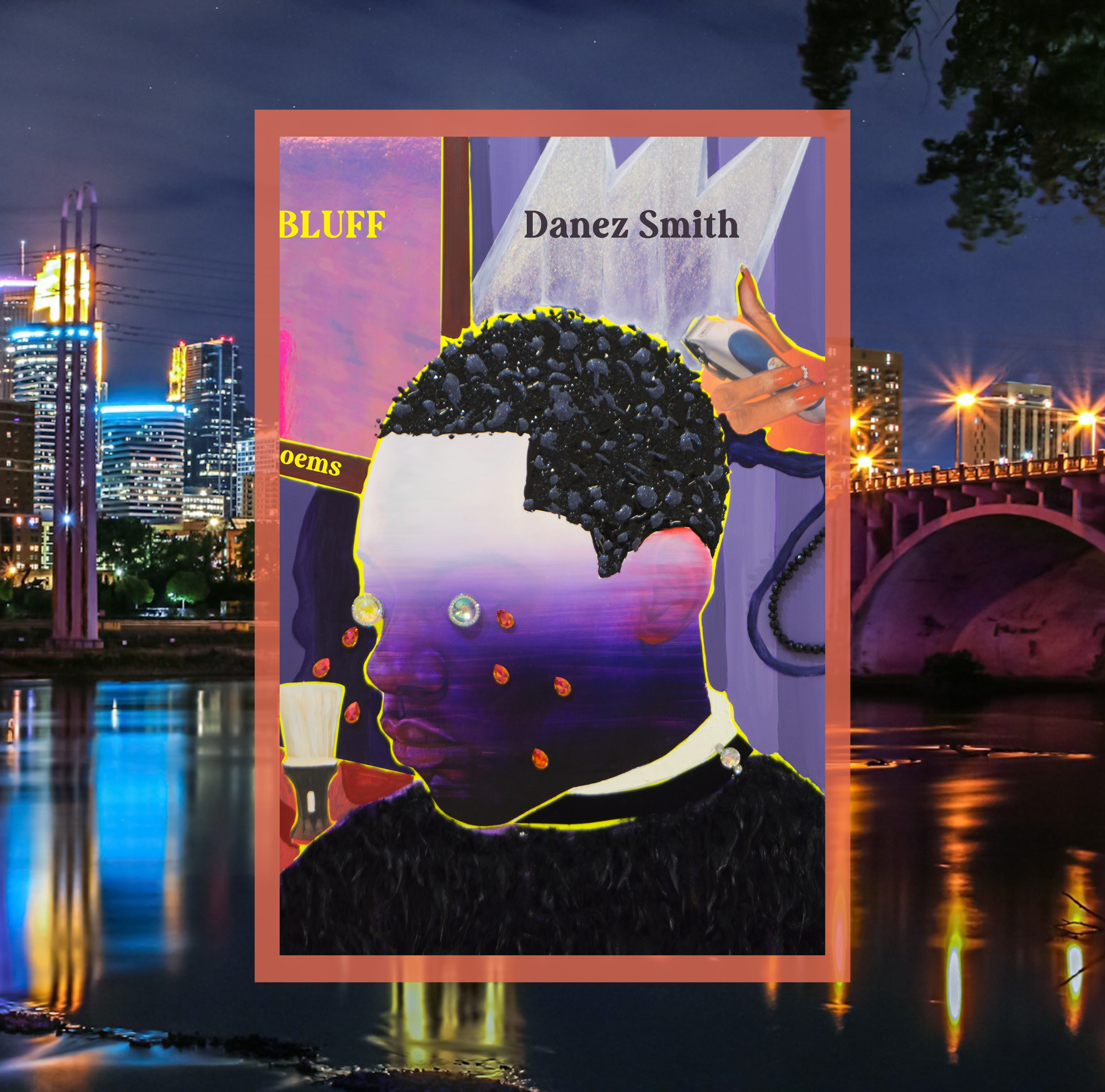 The cover of Bluff by Danez Smith on a background of a photo of Minneapolis at night.