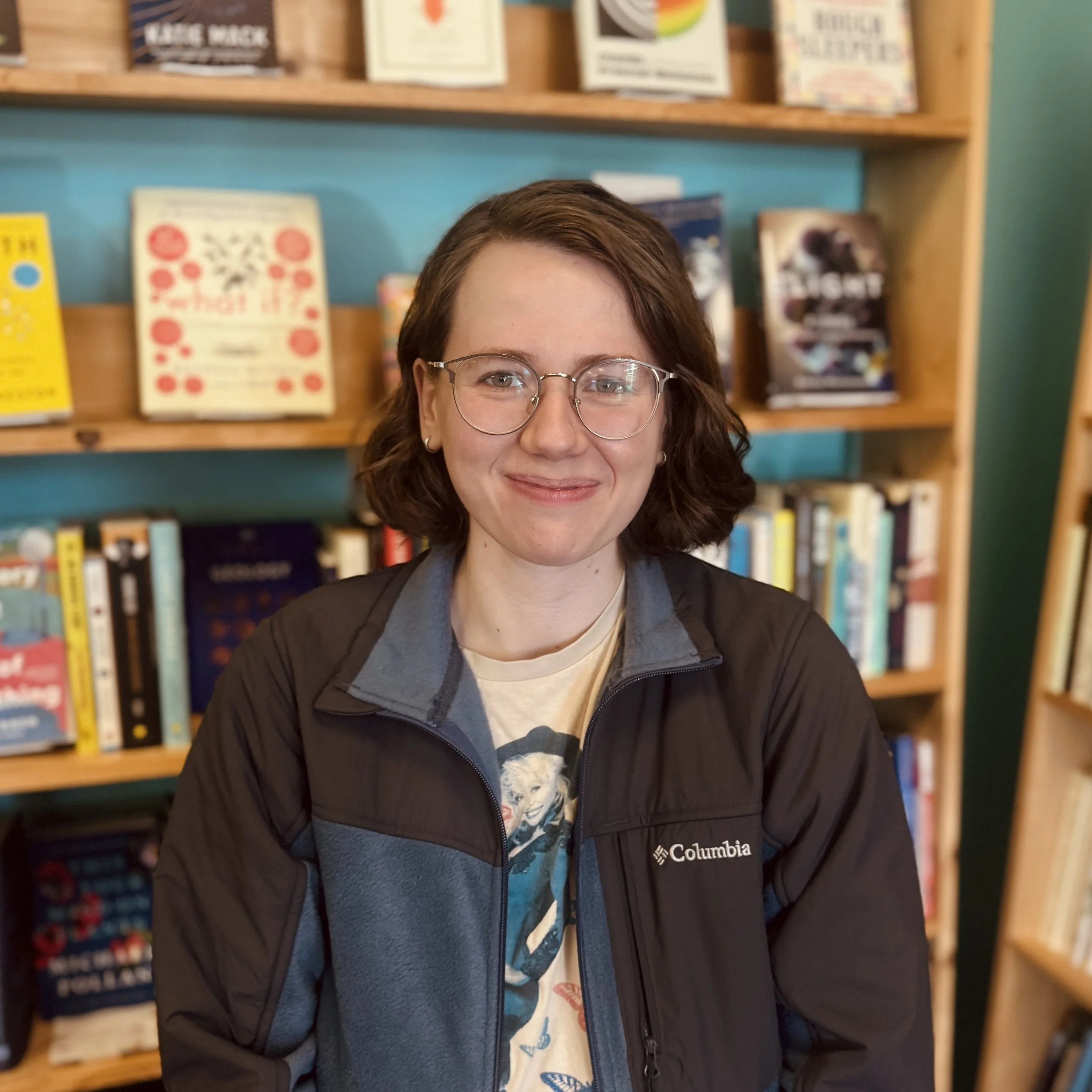 A photo of Evelyn in the bookstore.