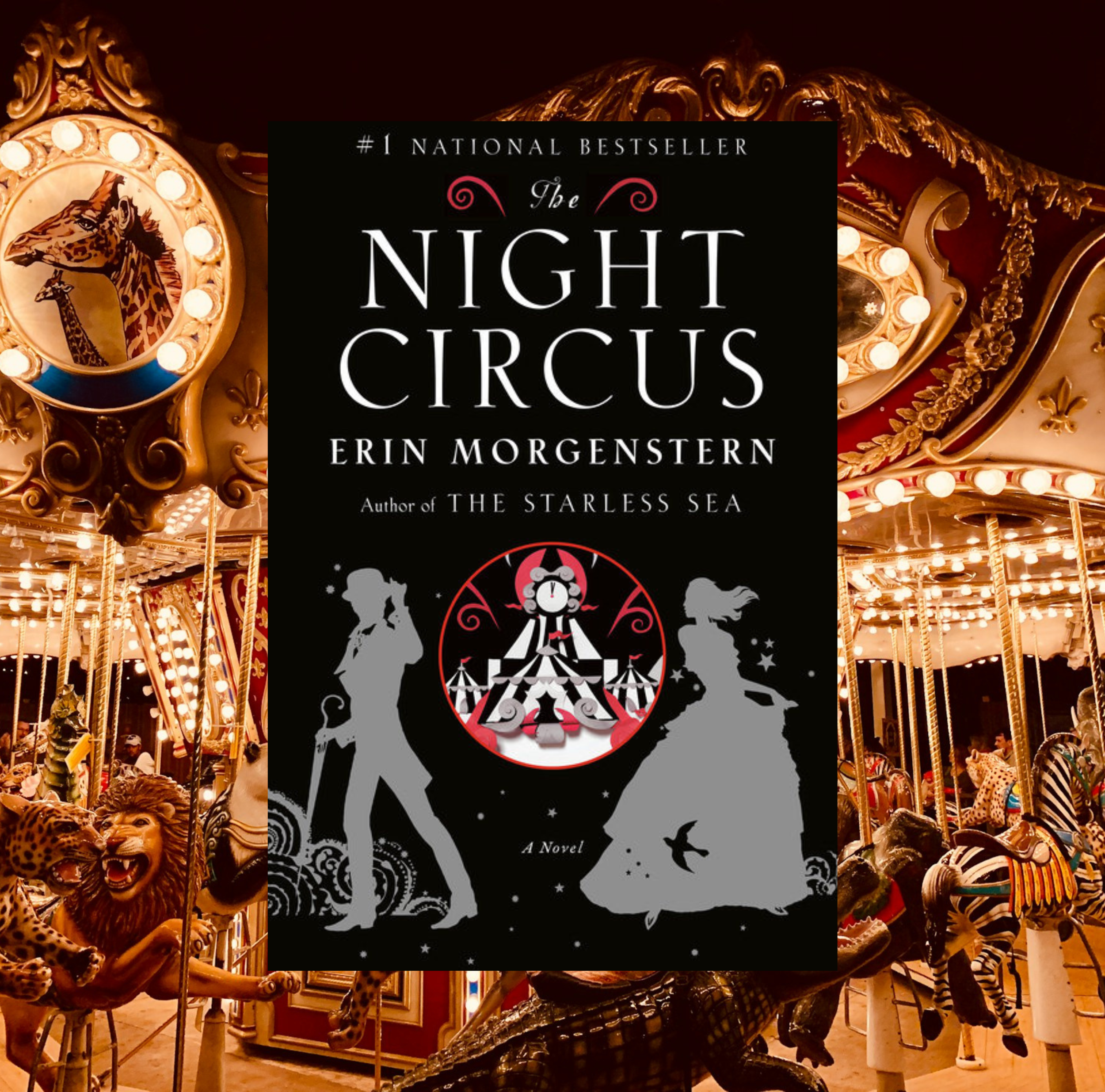 The cover of The Night Circus by Erin Morgenstern on a background of a photo of a carousel at night.