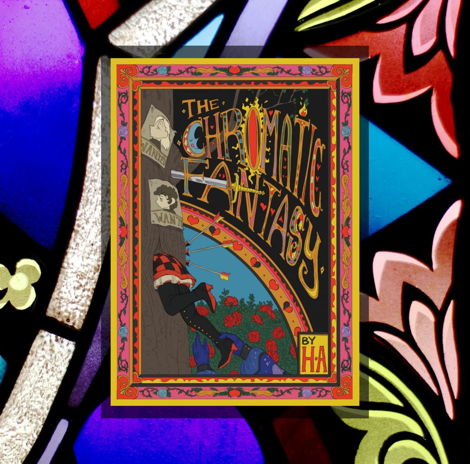 The cover of The Chromatic Fantasy by H.A. on a background of a photo of colorful stained glass.