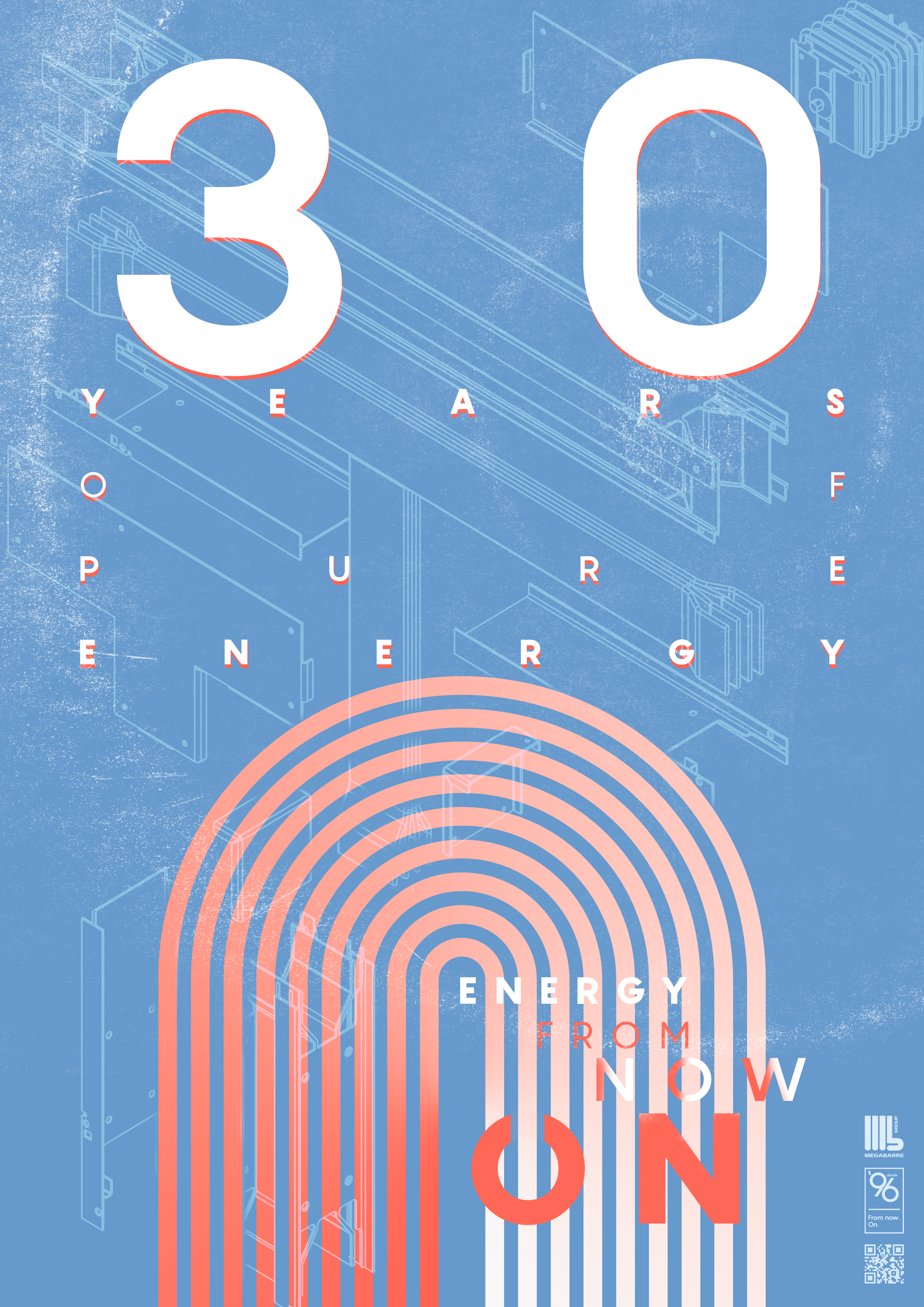 Poster comemorativo de 30 anos da empresa Megabarre, com fundo azul, detalhes de desenhos técnicos e texto que diz "30 Years of Power, Energy from now on".