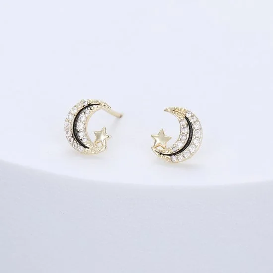 E102083G.  Crescent moon and star stud earrings