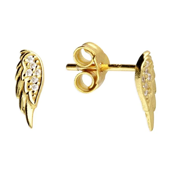 H4679/Y.  Sterling silver yellow gold plated cz angels wings stud earrings