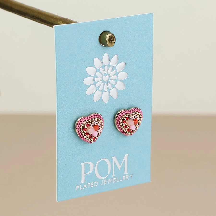 05010.  Red stainless steel plated encrusted heart stud earrings