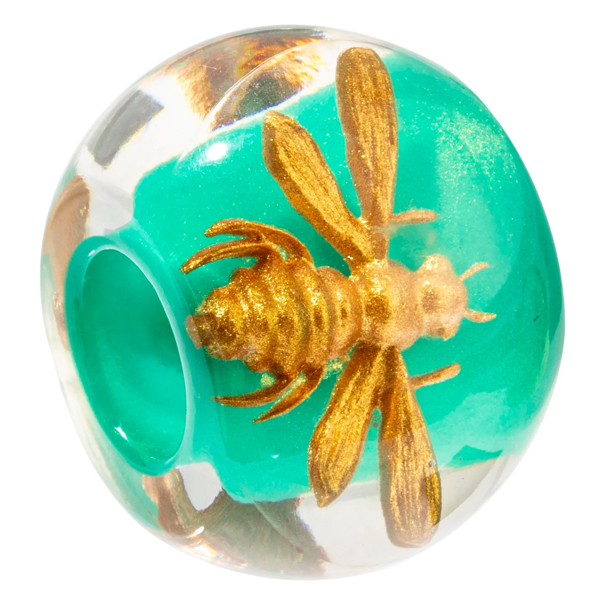 BBEE1.  Green bead with gold bee resin bead by Zsiska