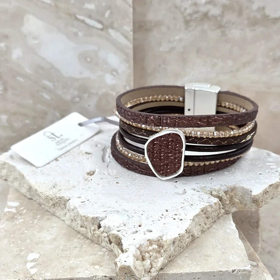 XST158H.  Sarah Tempest organic component with bronze leather inlay bracelet