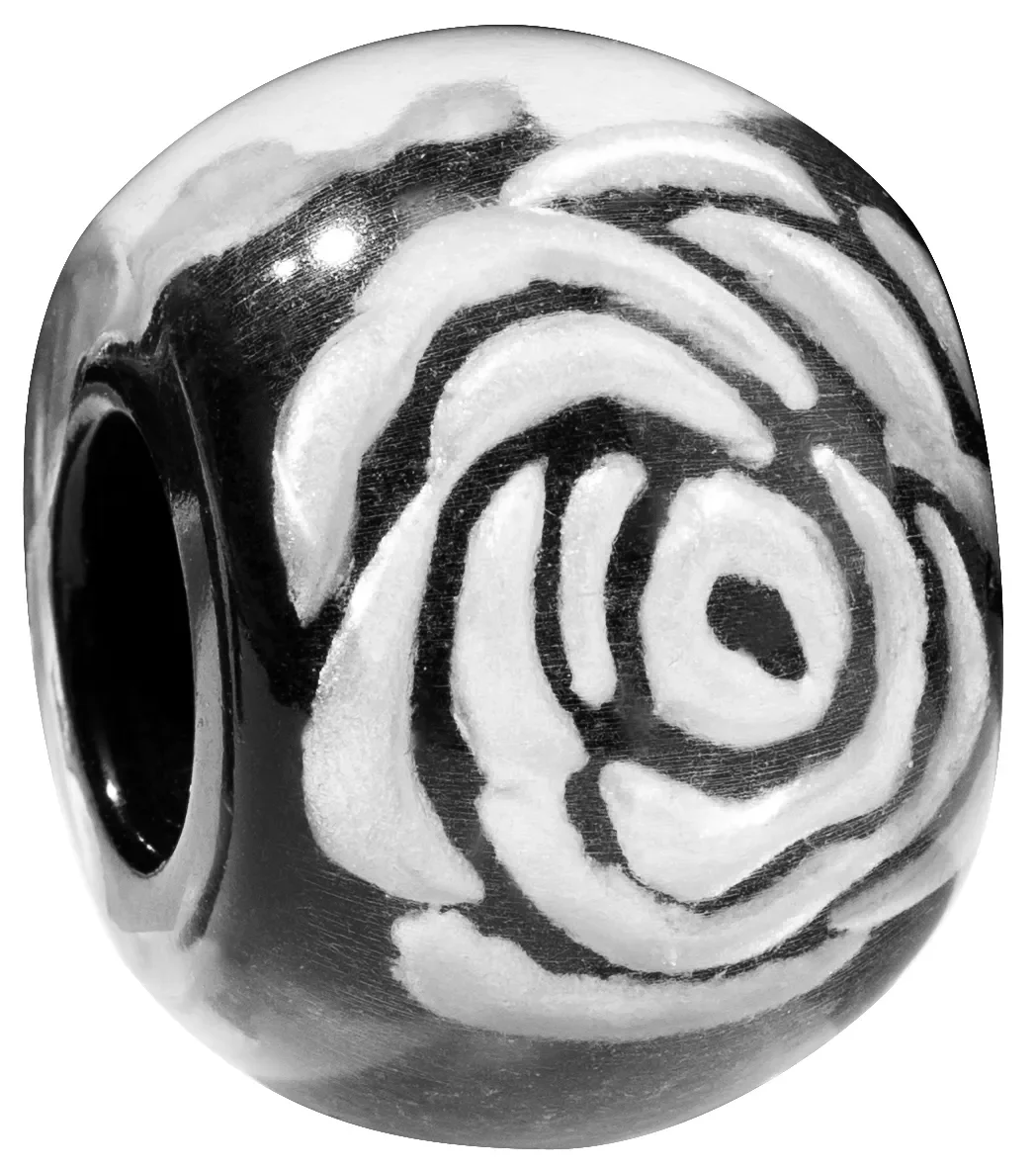 SROSE.  Hand painted silver rose on black resin bead by Zsiska