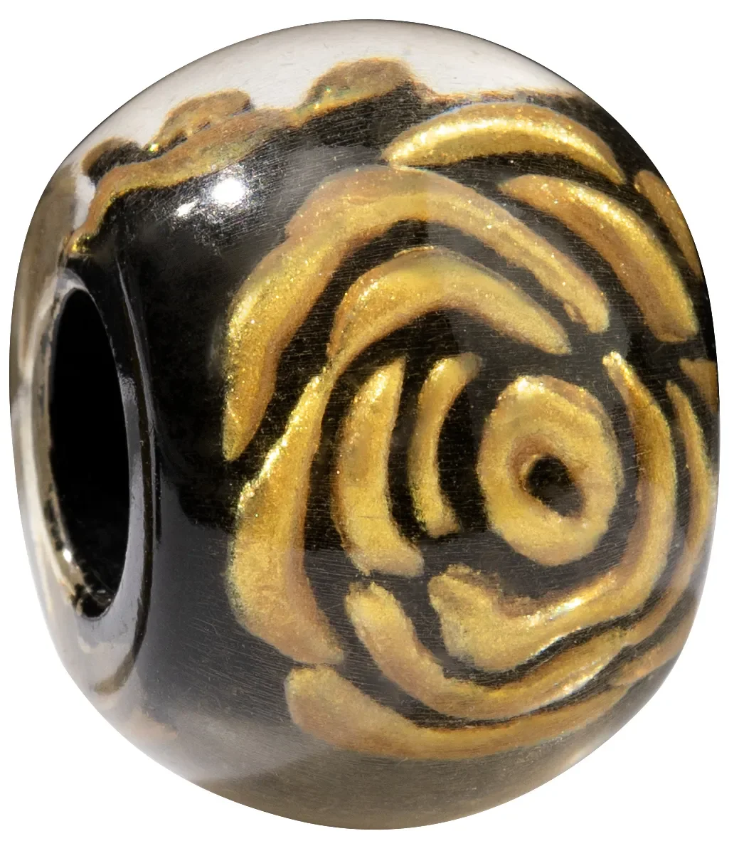 GROSE.  Hand painted gold rose on black resin bead by Zsiska
