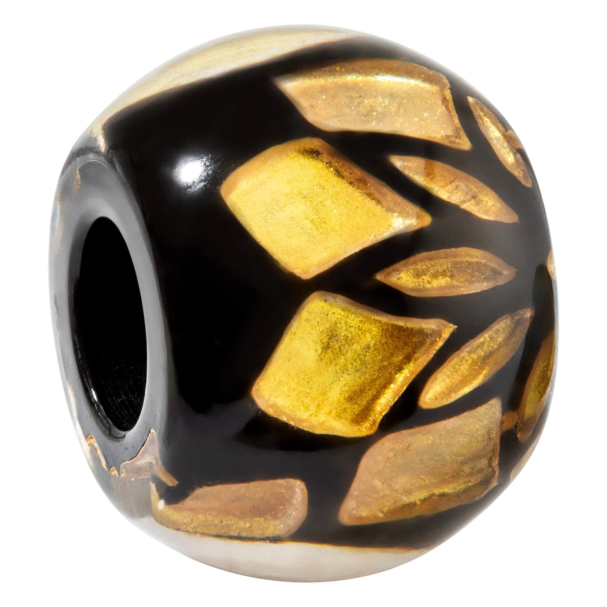 BGFL1.  Black with gold leaf lotus flower design resin bead by Zsiska