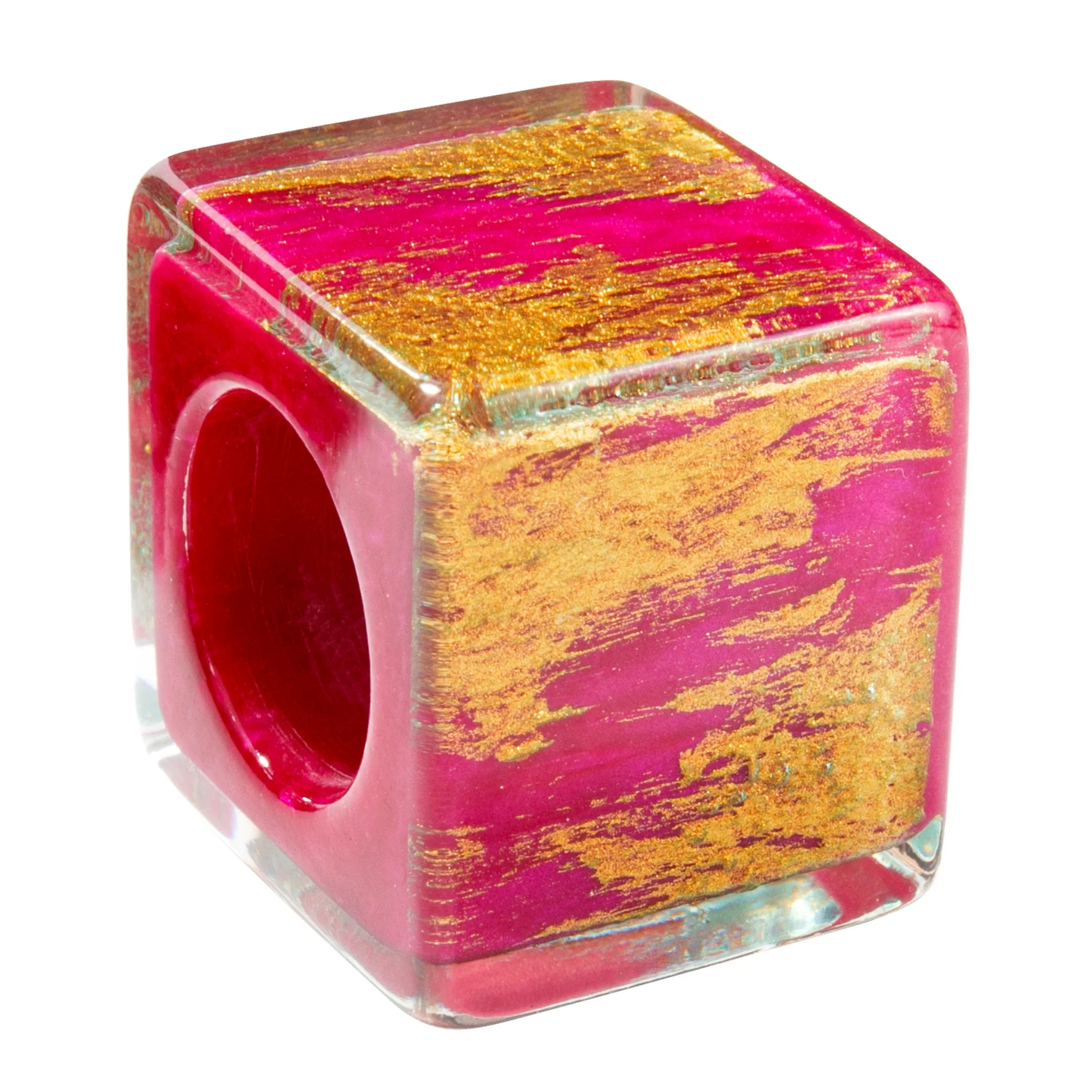 MUSEE53B.  Pink and gold foil resin cube bead by Zsiska