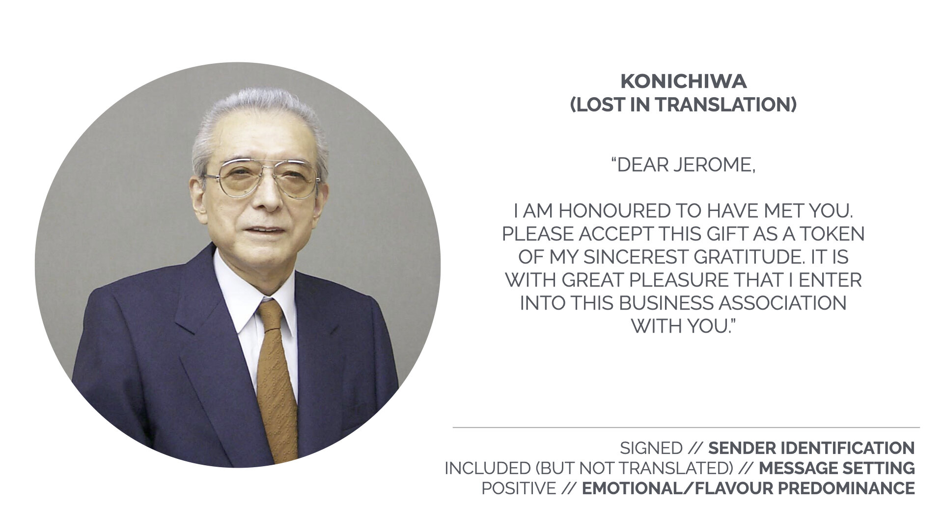 Hiroshi didn’t come with his translator, but can still express his respect and gratitude on completing this business deal by presenting Jerome a box of émoi.