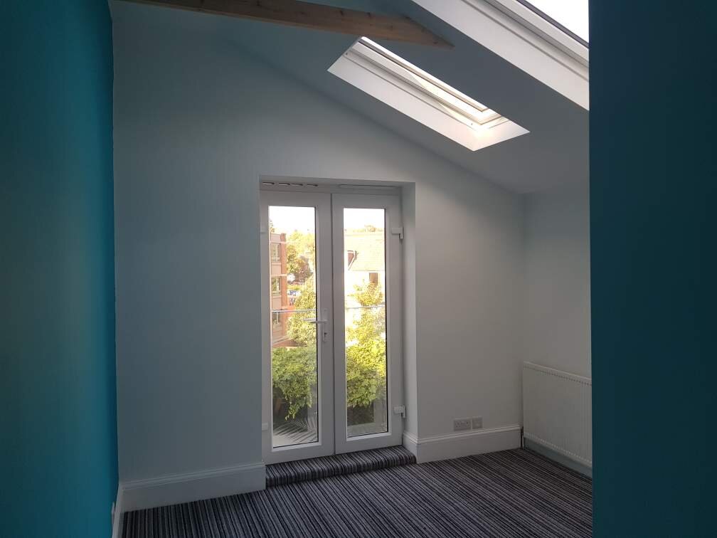 Empty room with white walls, a striped carpet, a door with glass panels leading outside, and a skylight in the ceiling.