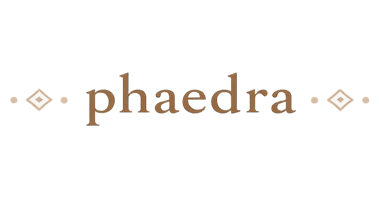 The word "phaedra" in multicolored 3D text with abstract decorative elements around it.