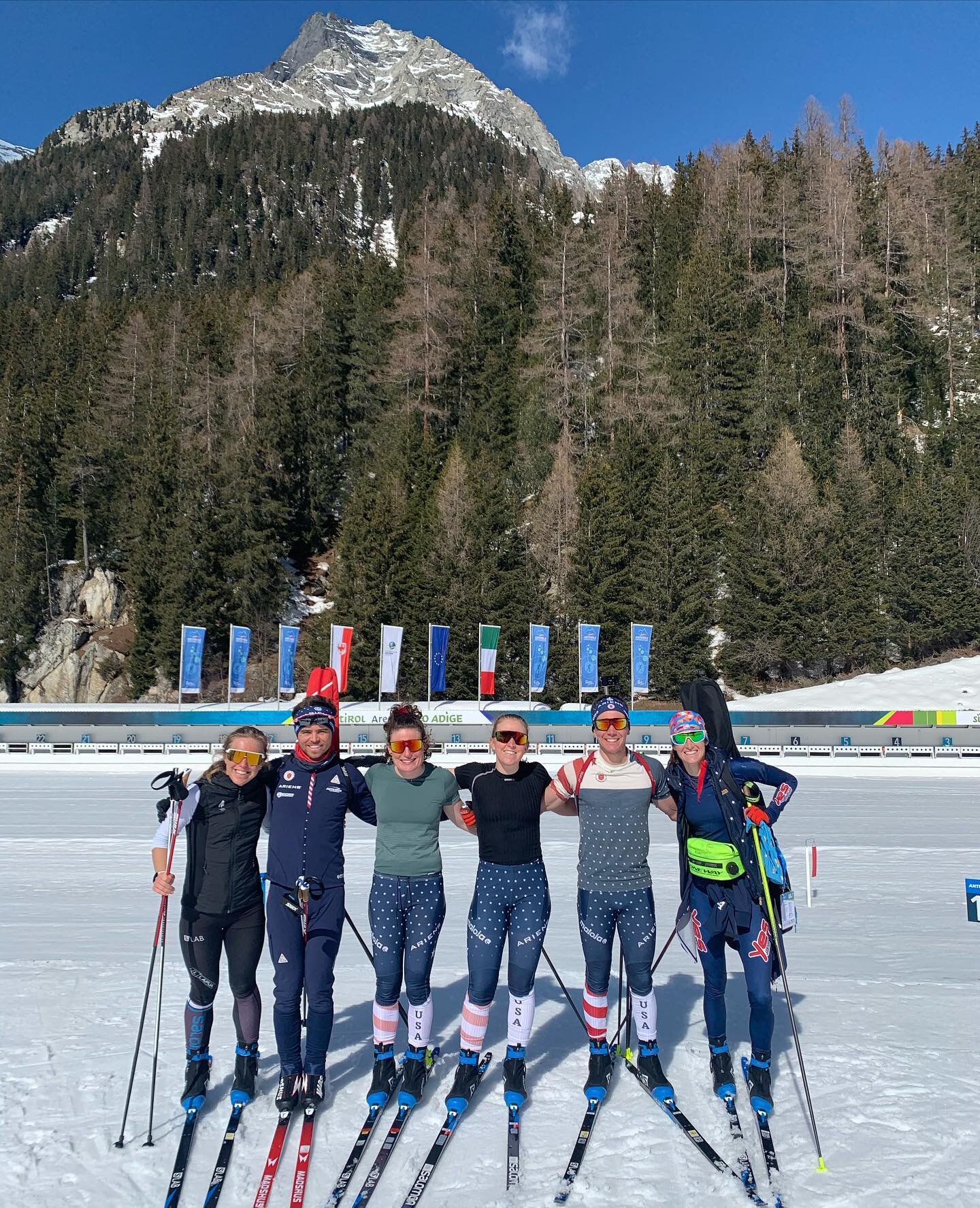 A partial GRP biathlon reunion in Antholz, including toasty intervals and possible sunburns. We miss you @susan.dunklee
