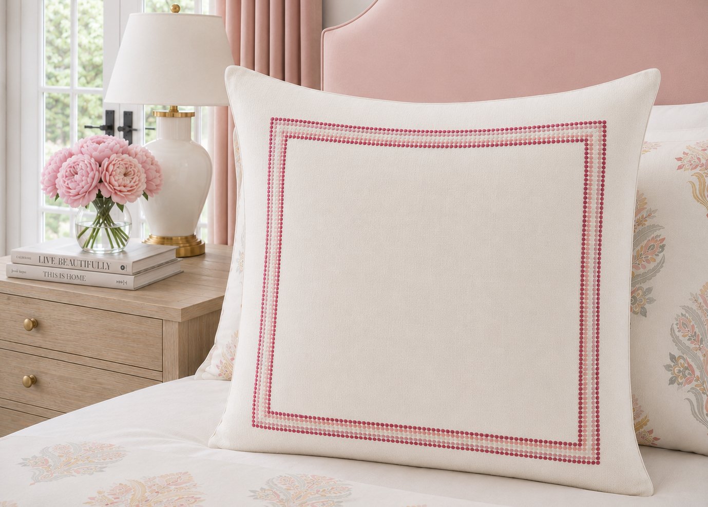 Dots Euro Sham Or Pillow-Ivory Basketweave Belgium Linen with Embroidered Dots in Raspberry, Blush, and Ivory