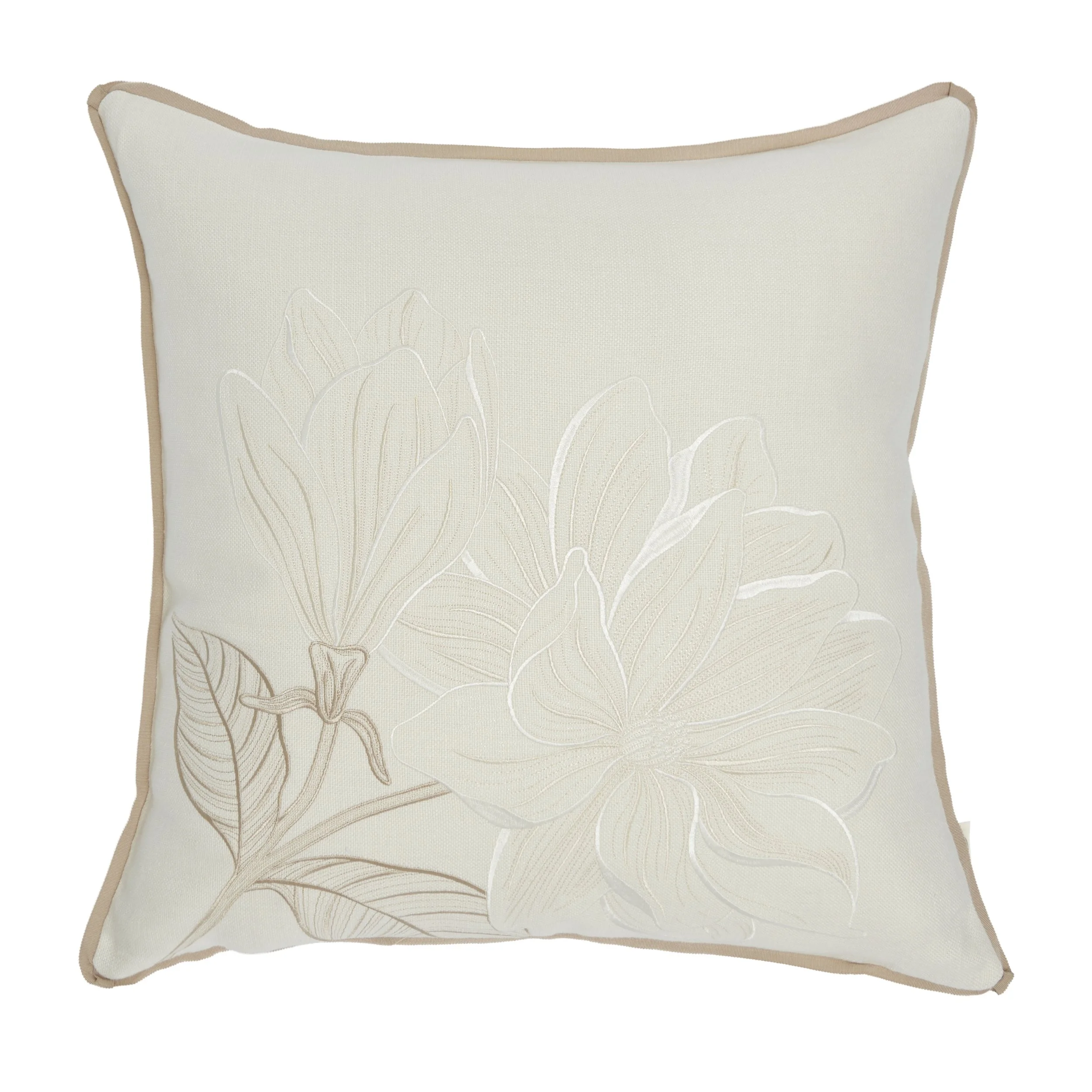 Embroidered Magnolia on Ivory Belgium Linen Pillow