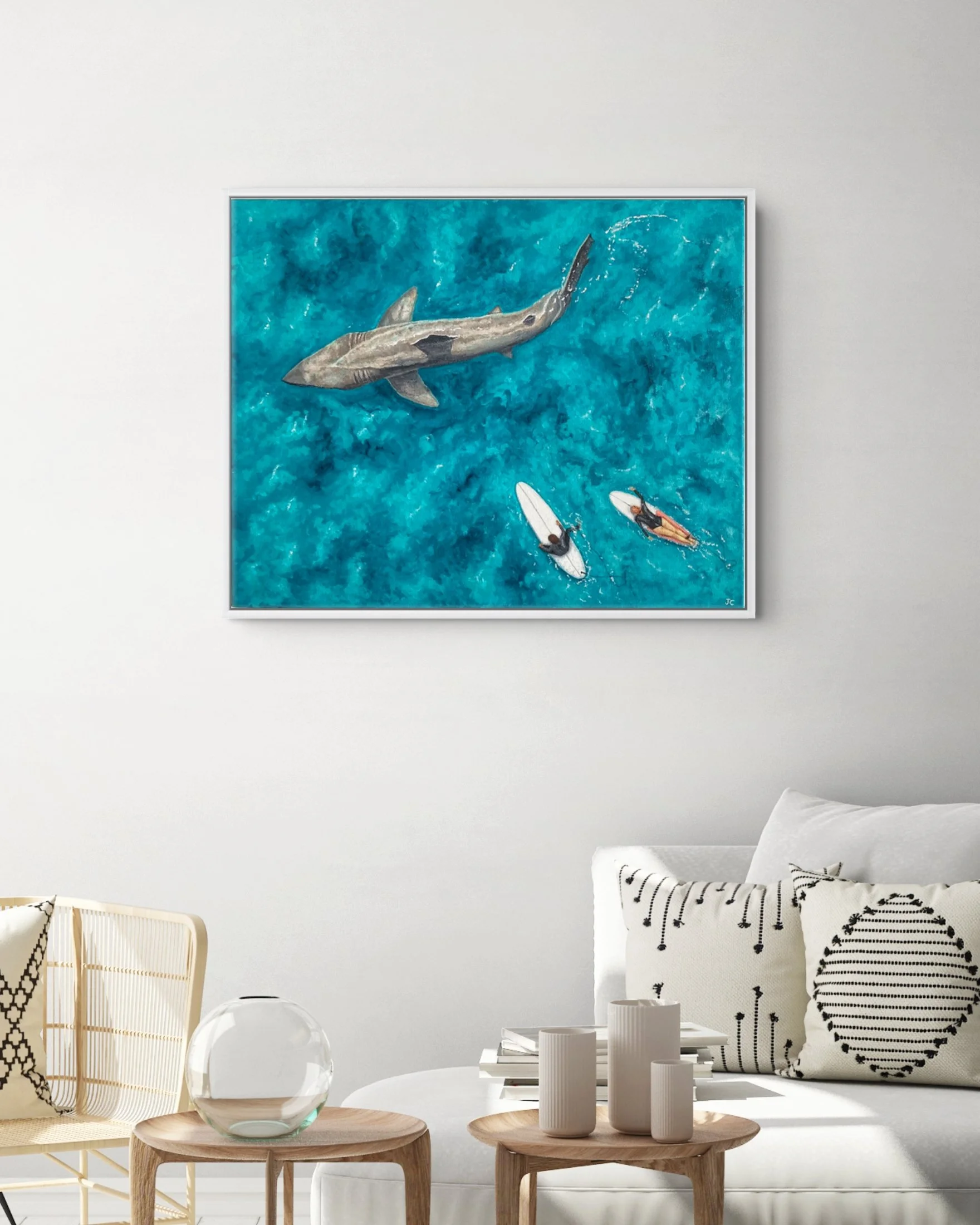 Changing Perspectives, Basking Shark by Joy Clifton, Aerial Seascape Acrylic Painting, Coastal Art, Surf Art