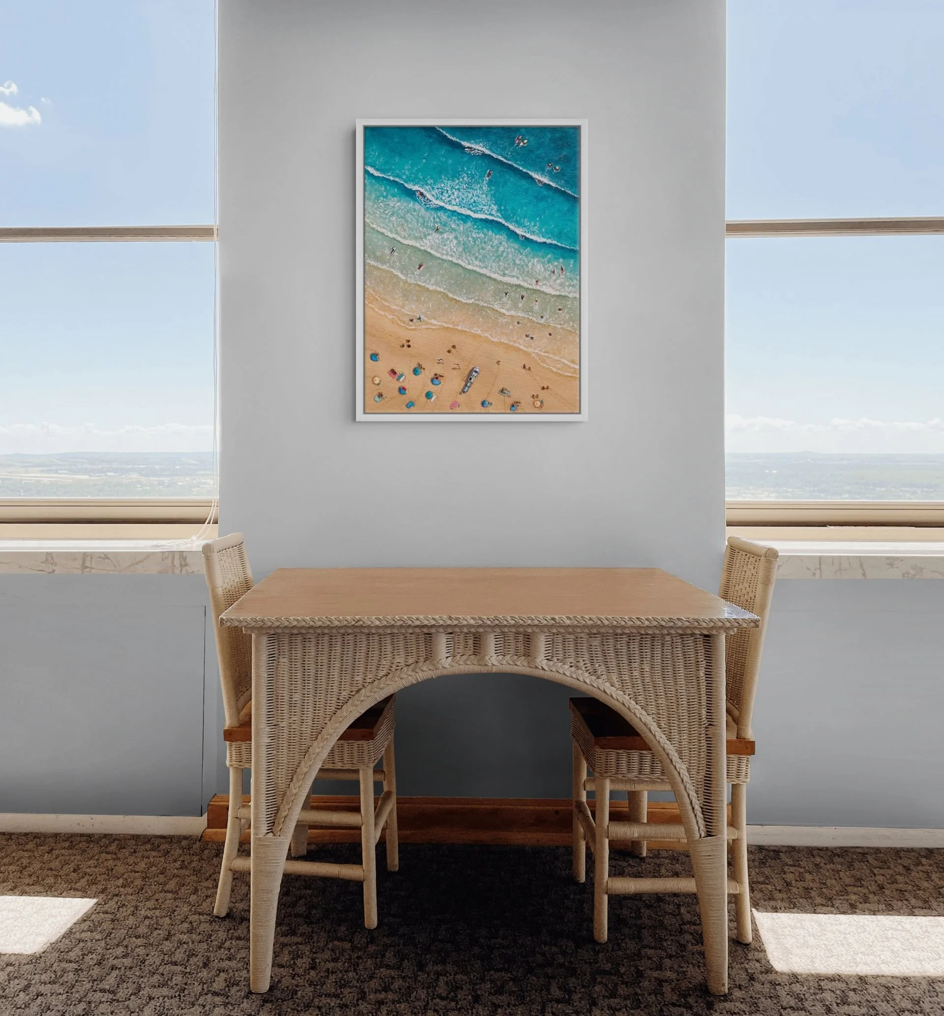 wim Between The Flags aerial seascape painting of Perranporth Beach, Cornwall