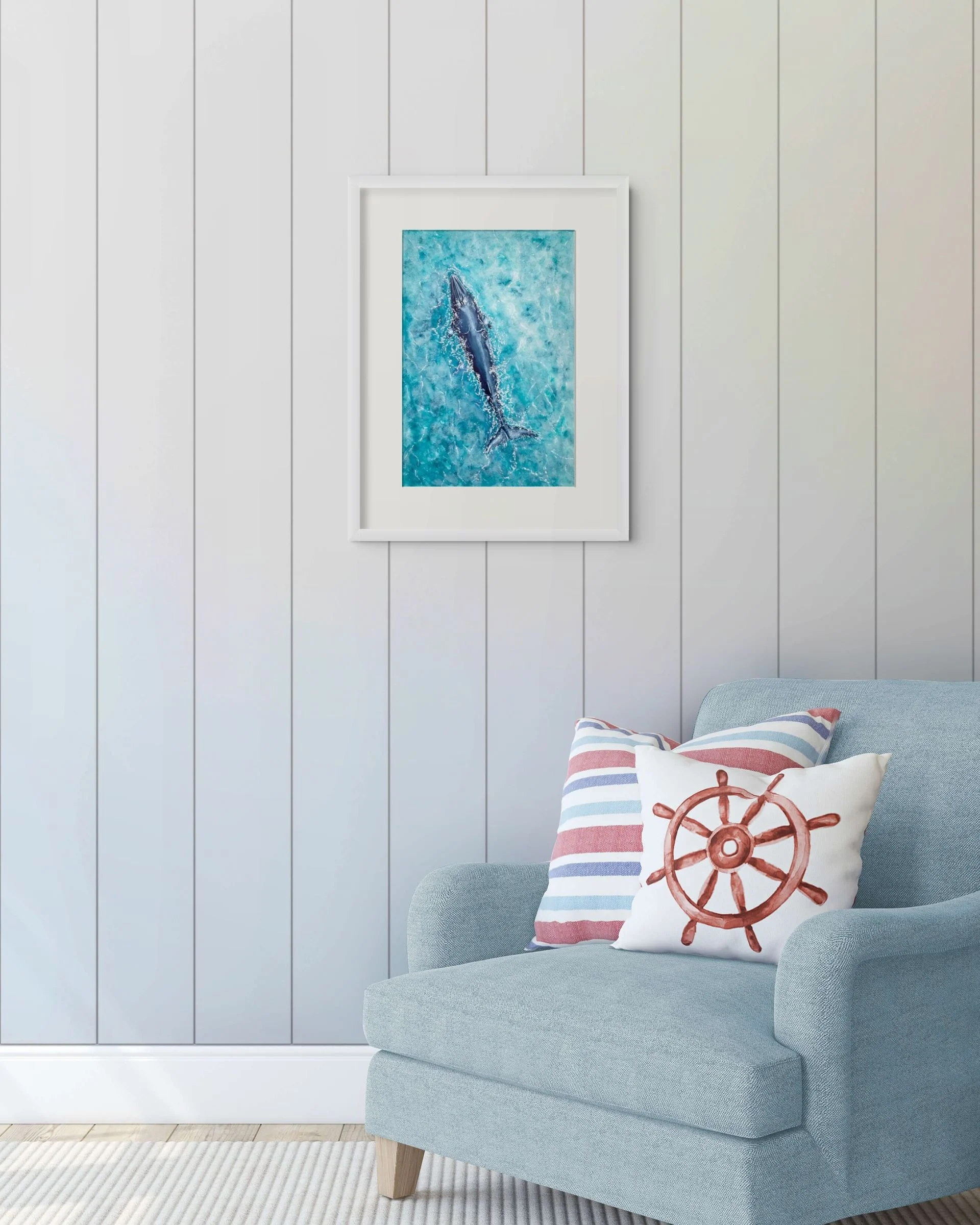 Our Shores, Minke Whale by Joy Clifton, Whale Painting, Watercolour, Aerial Seascape Art, Ocean Art