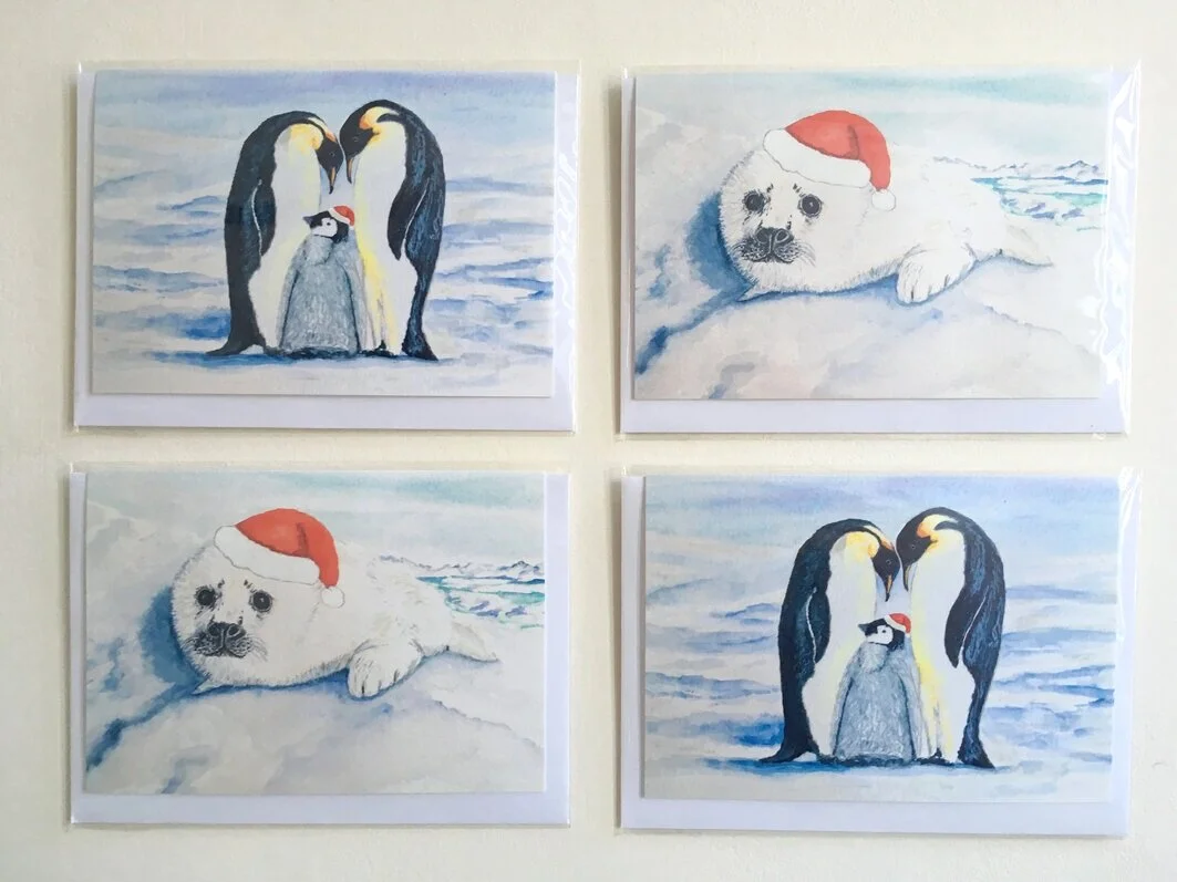 Christmas Edition Harp Seal and Emperor Penguins, Pack of 4, Art Christmas Cards, Wildlife Art Cards
