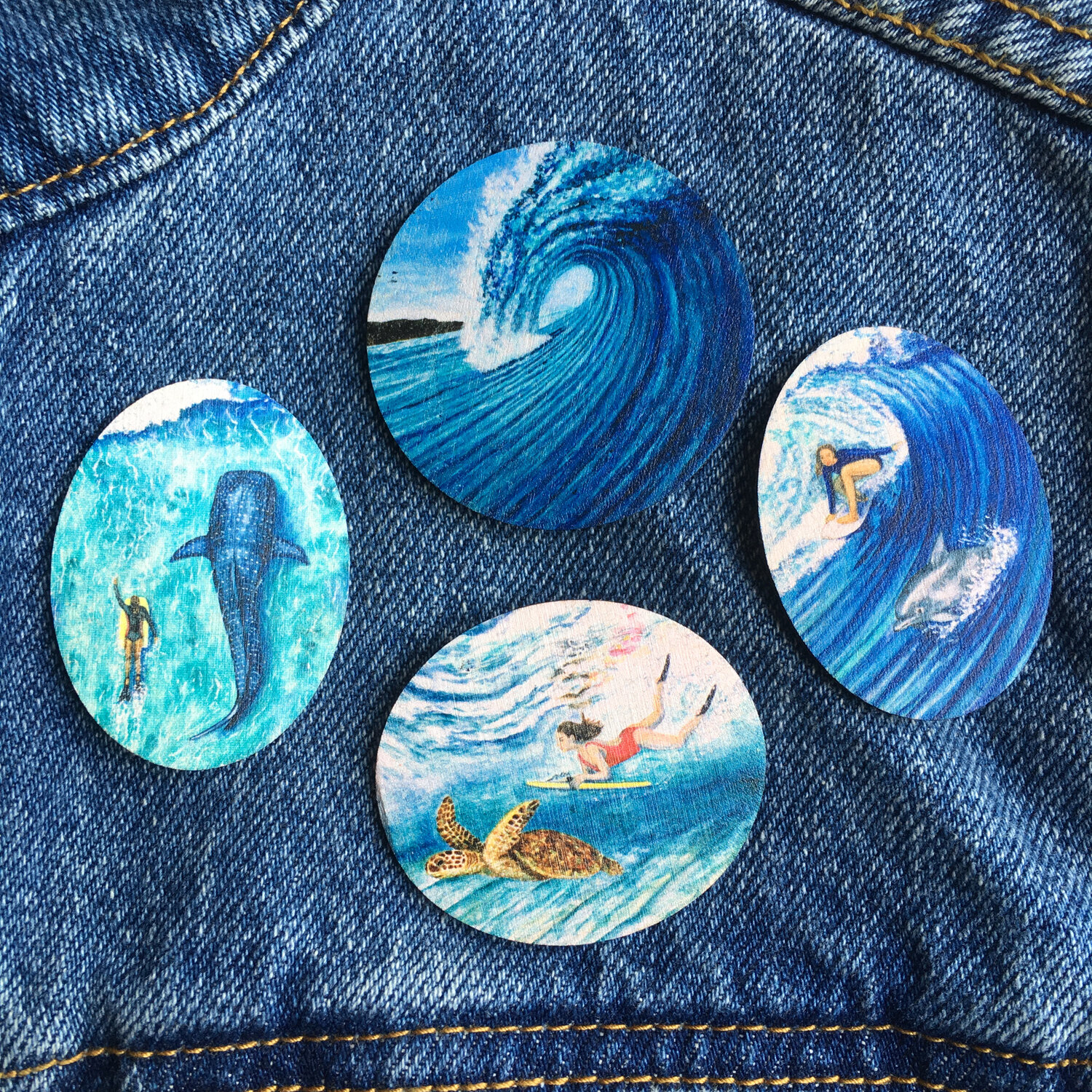 Pack of 4 Surf Inspired Pin Badges, Surf Gift, Beach Gift, Wave Gift, Sustainable Wooden Brooch