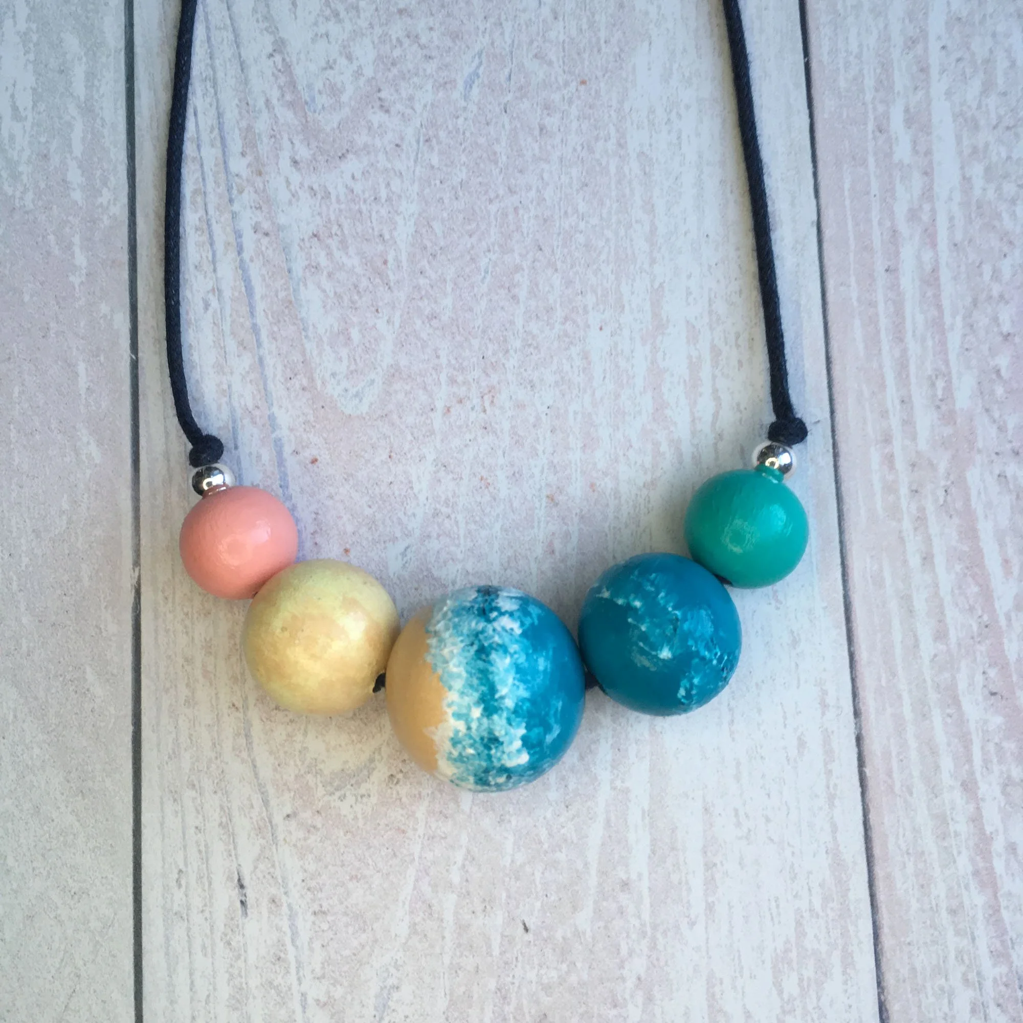 Ocean Necklace - Wooden Statement Necklace, Hand Painted Beads, Surf Jewellery, Coastal Gift