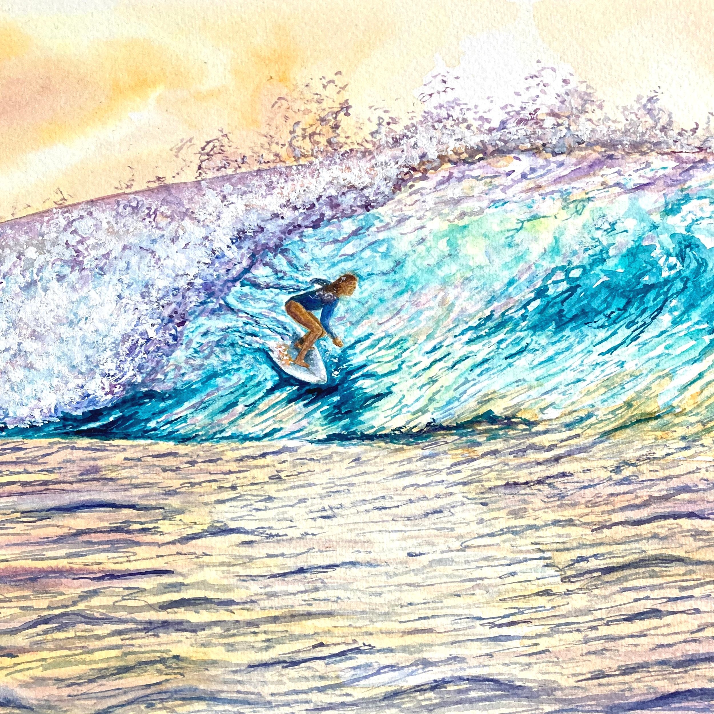 Moana, Queen of Pipeline by Joy Clifton, Surf Art, Wave Painting, Surf Girl, Hawaii, Watercolour