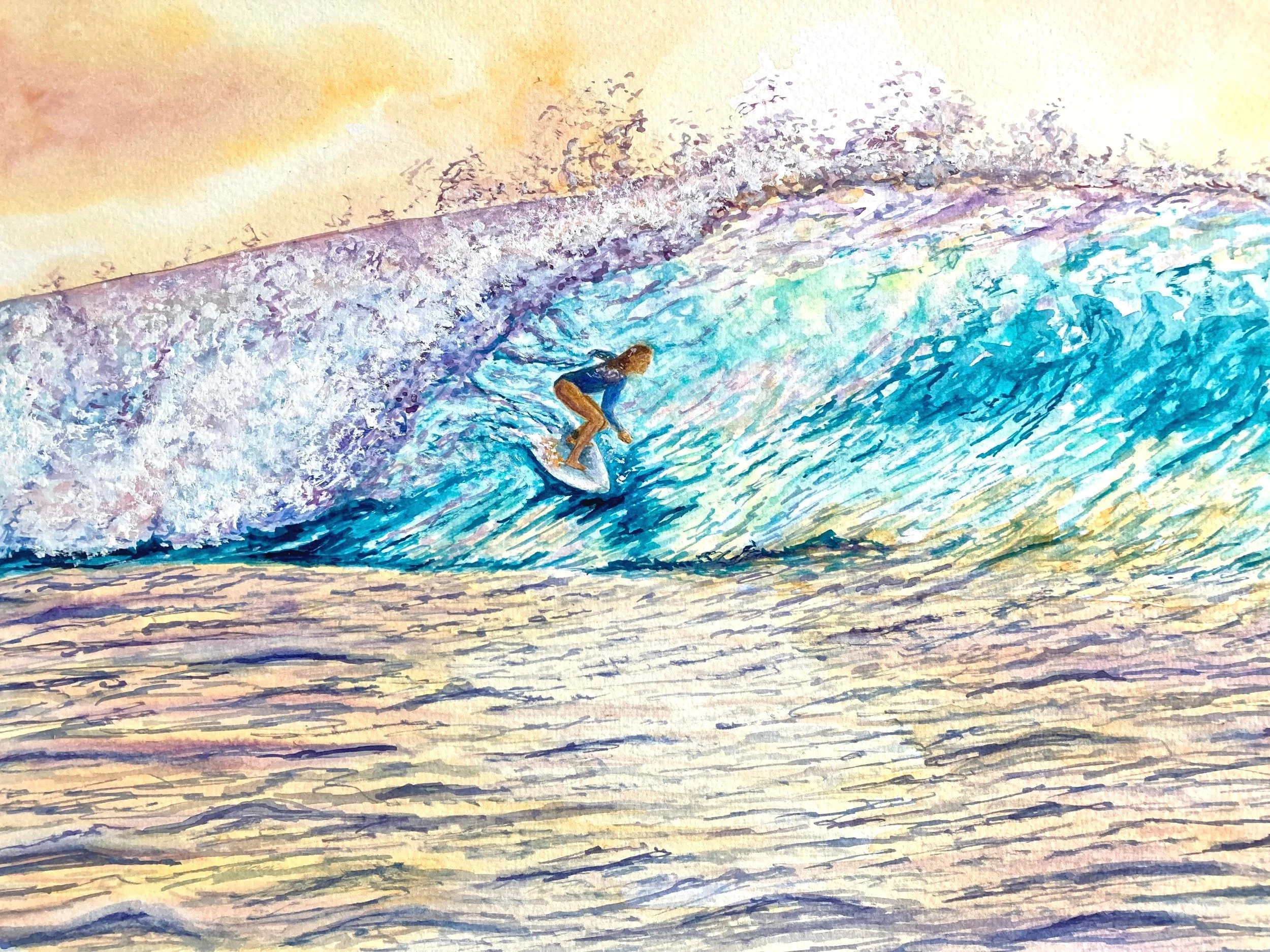 Moana, Queen of Pipeline by Joy Clifton, Surf Art, Wave Painting, Surf Girl, Hawaii, Watercolour