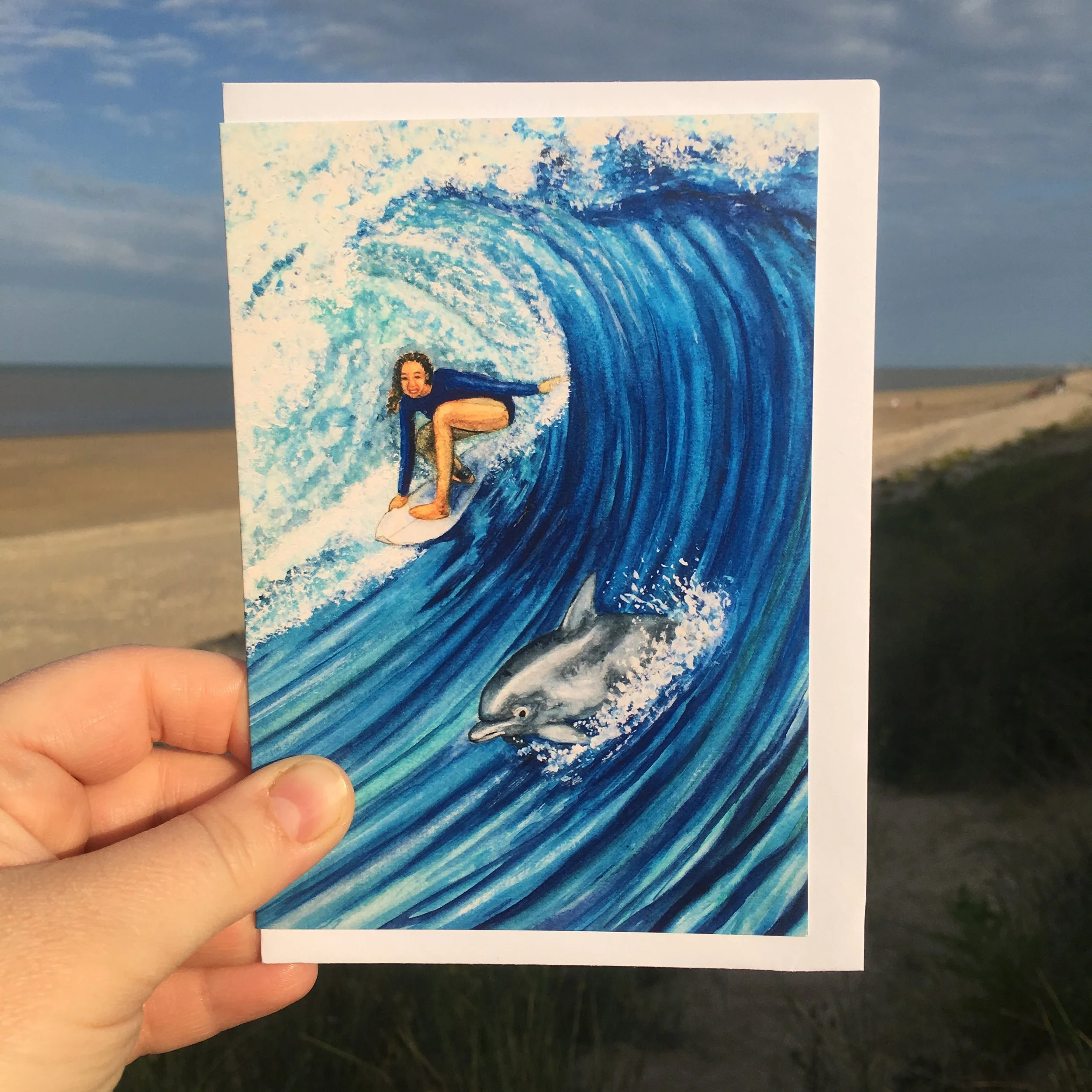 Sharing the Surf, Bottlenose Dolphin - Art Greetings Card, Beach Card, Surf Card, Surfing Birthday Card