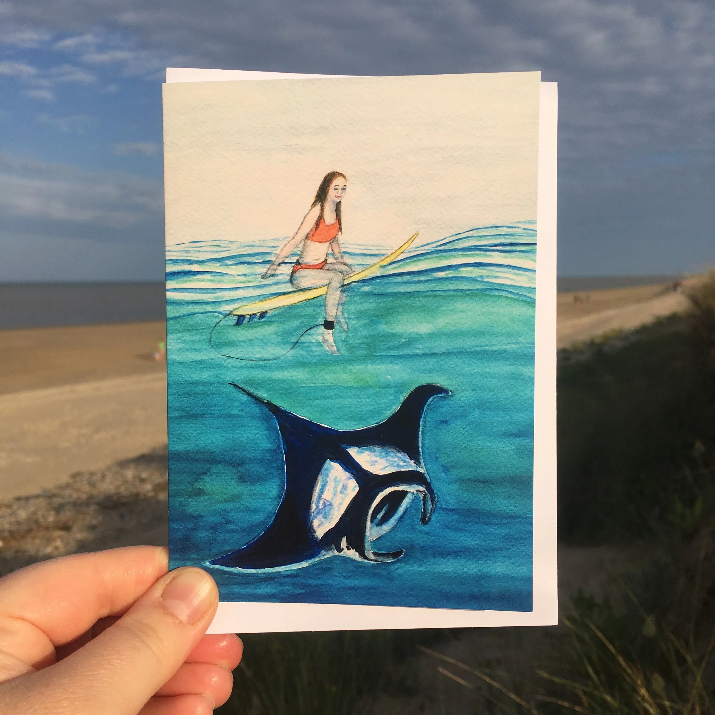 Sharing the Surf, Manta Ray - Art Greetings Card, Beach Card, Surf Card, Surfing Birthday Card