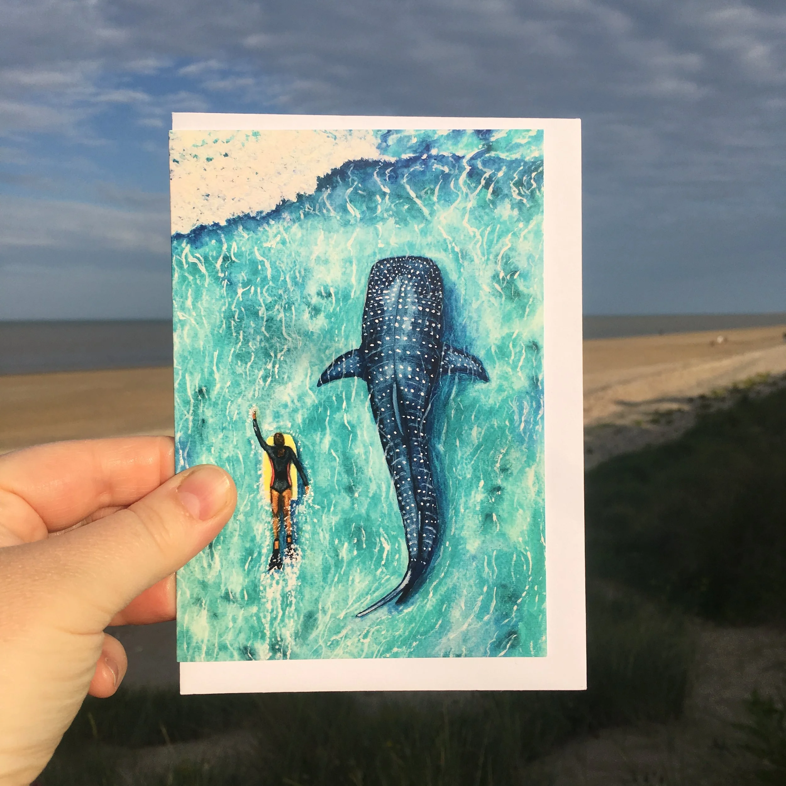 Sharing the Surf, Whale Shark - Art Greetings Card, Beach Card, Surf Card, Surfing Birthday Card