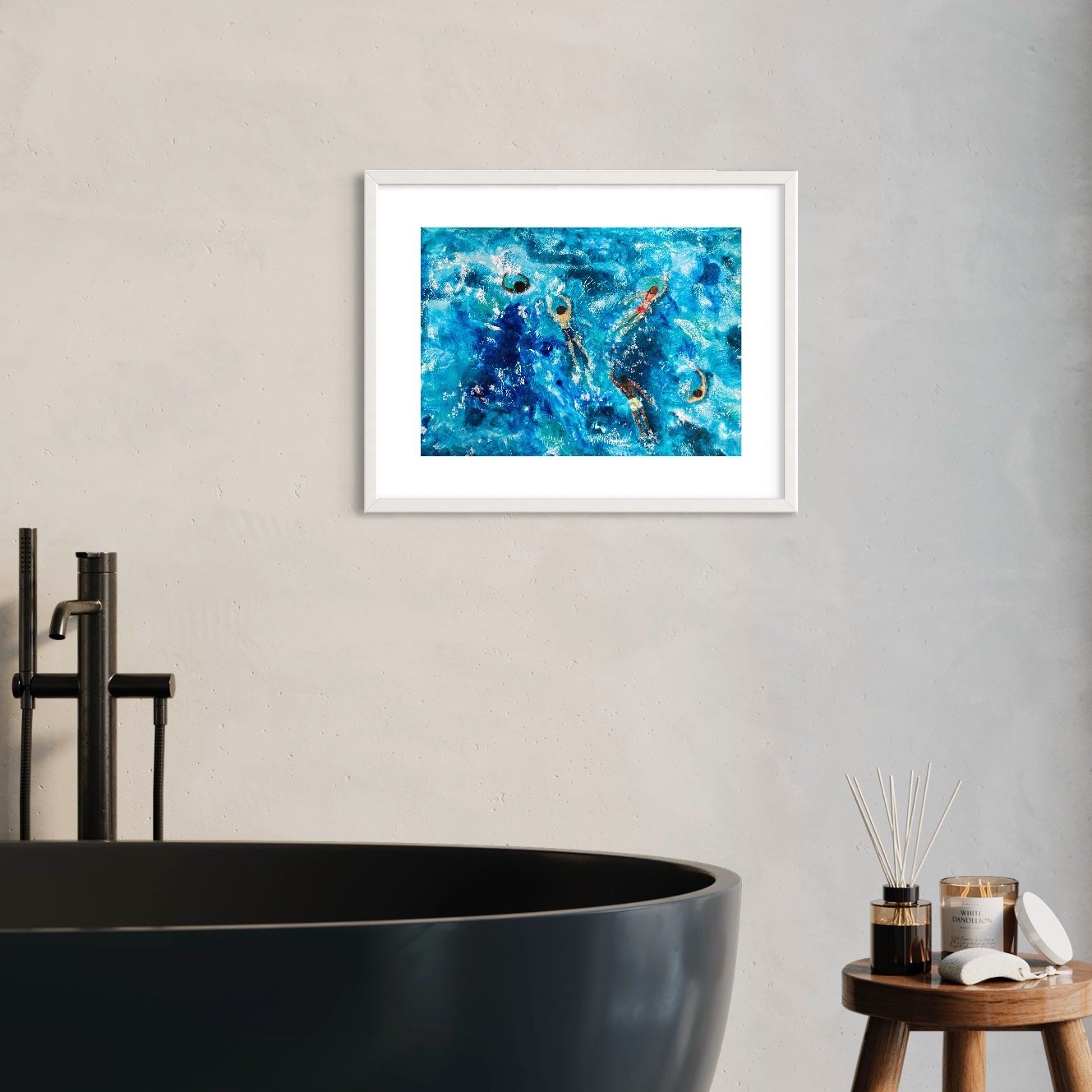 Sea Swimmers Mono Print by Joy Clifton, Aerial Seascape, Ocean Swimming