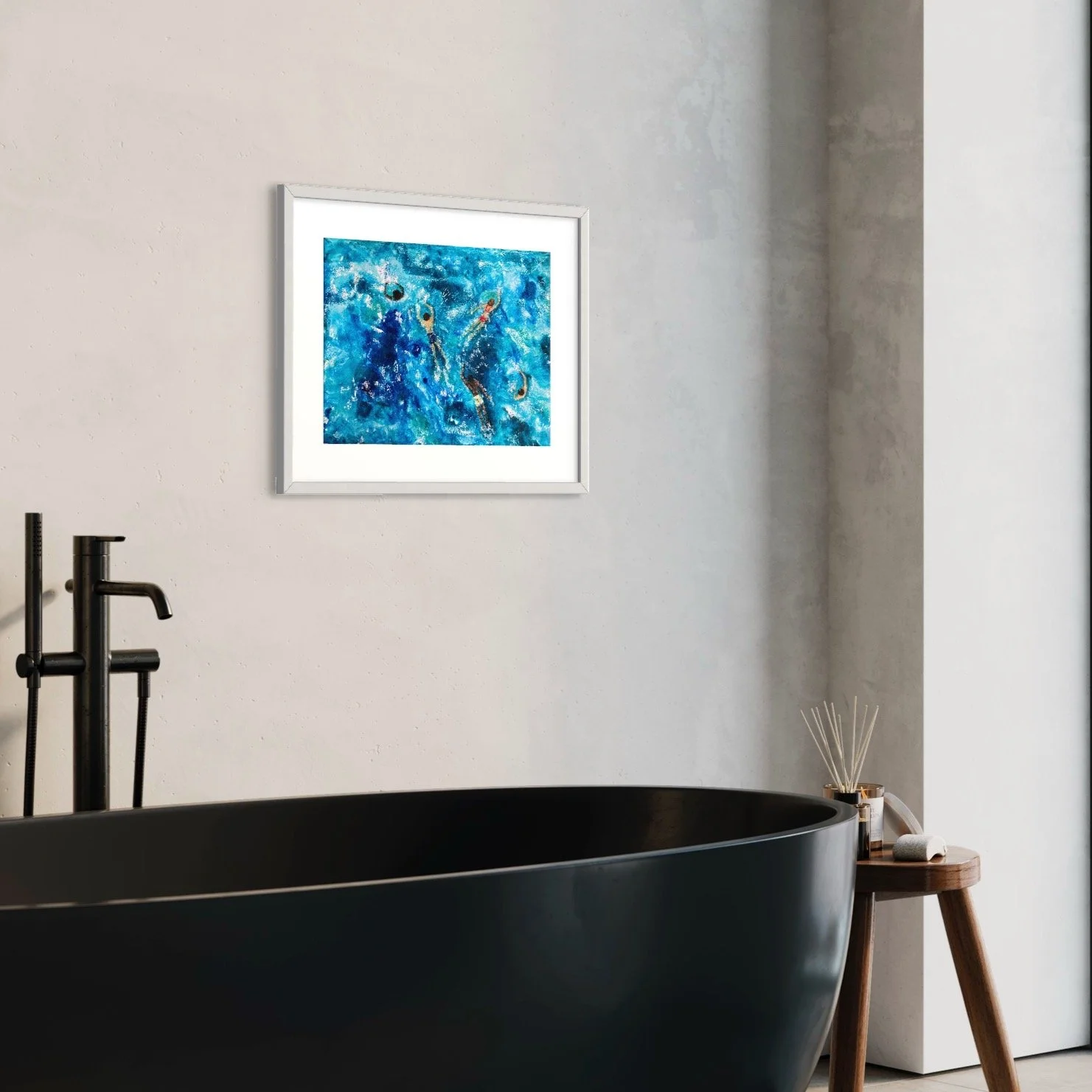 Sea Swimmers Mono Print by Joy Clifton, Aerial Seascape, Ocean Swimming
