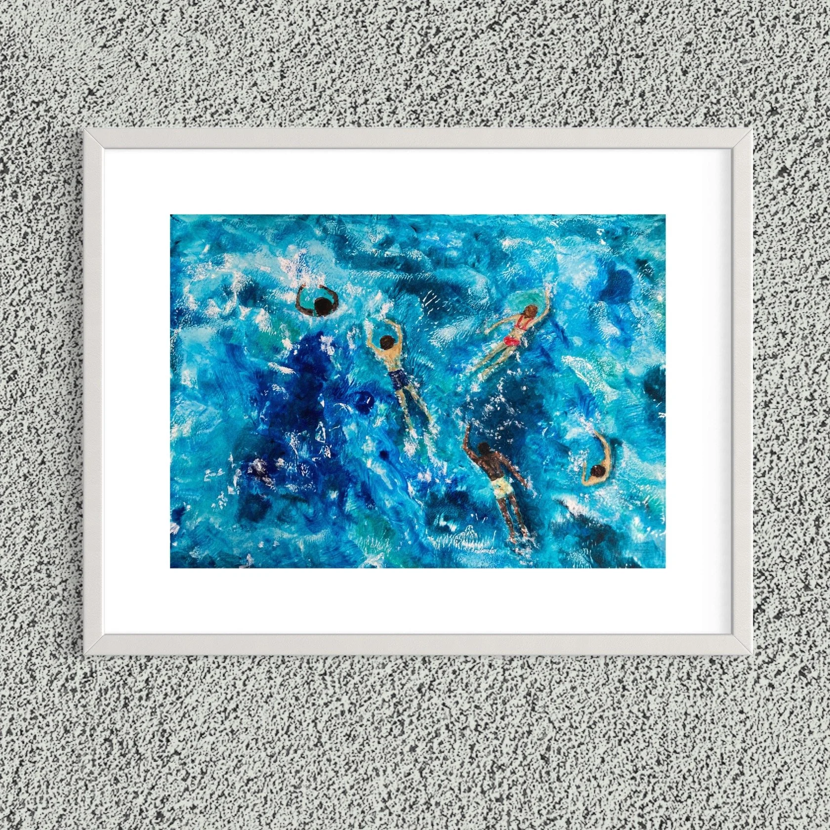 Sea Swimmers Mono Print by Joy Clifton, Aerial Seascape, Ocean Swimming