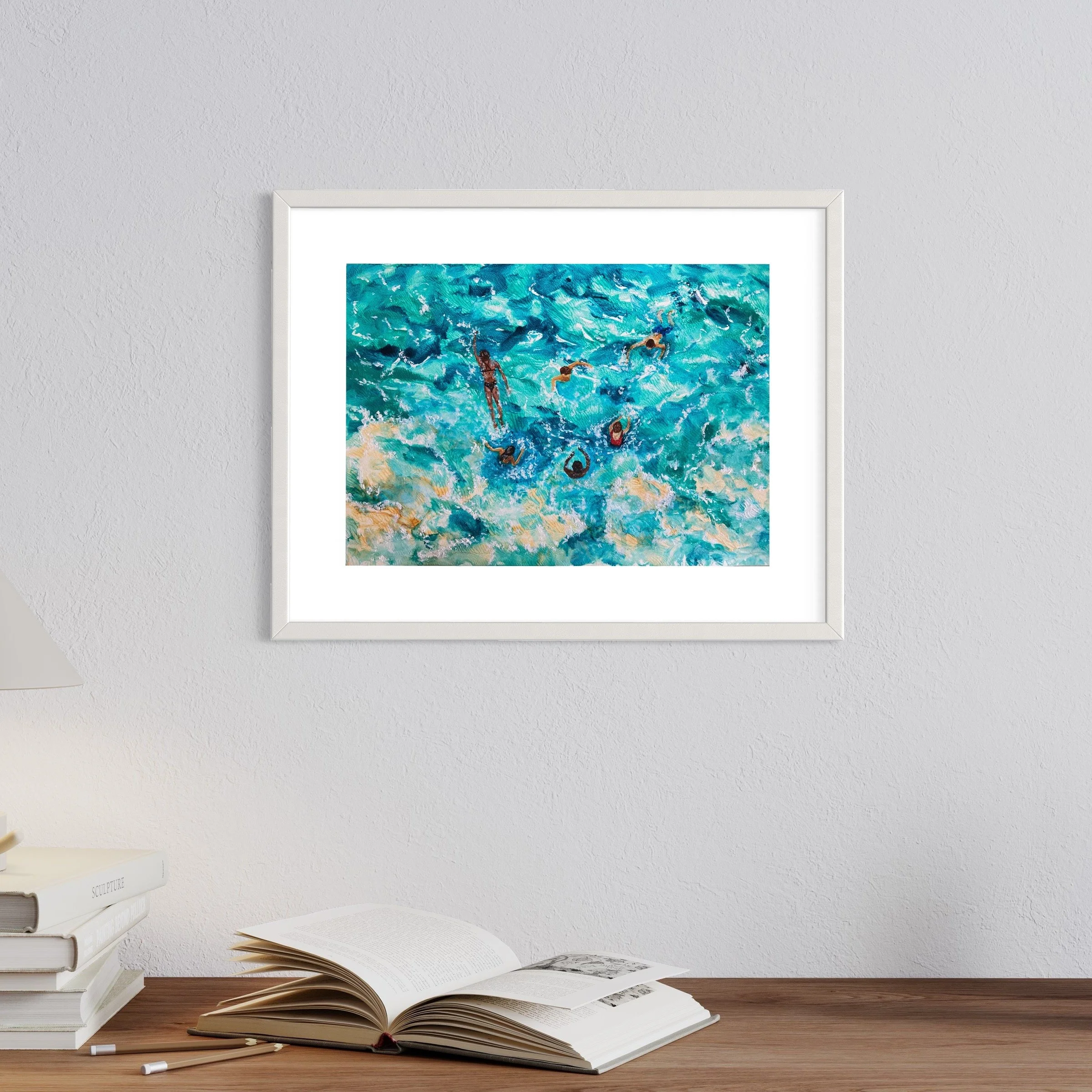 Sea Swimmers II Mono Print by Joy Clifton, Aerial Seascape, Ocean Swimming