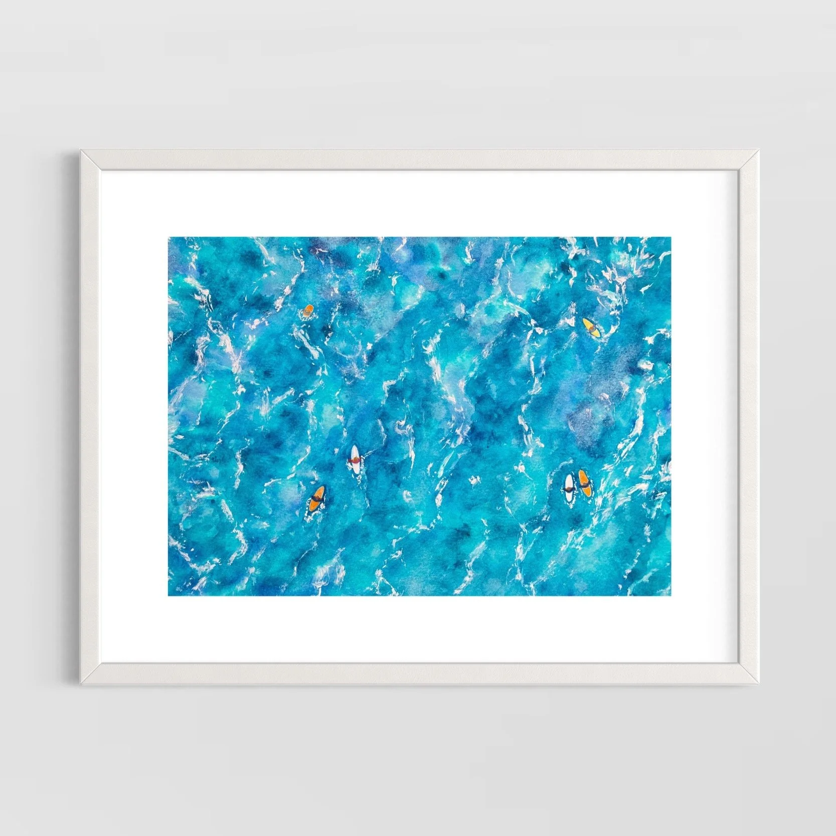 Surfers Path l by Joy Clifton - Aerial Seascape Painting, Surf Art, Ocean Watercolour Painting